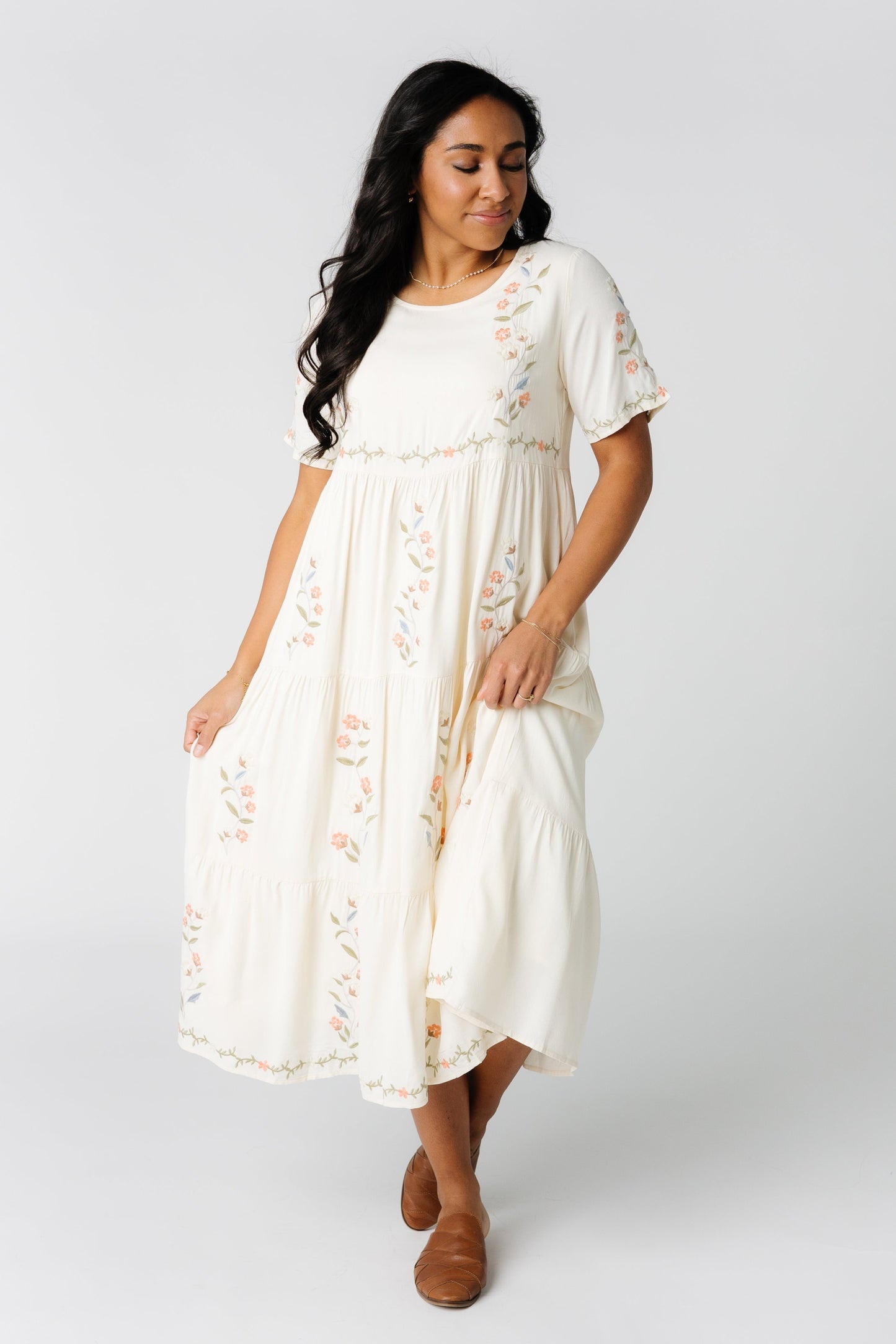 Embroidered modest midi dress in cream