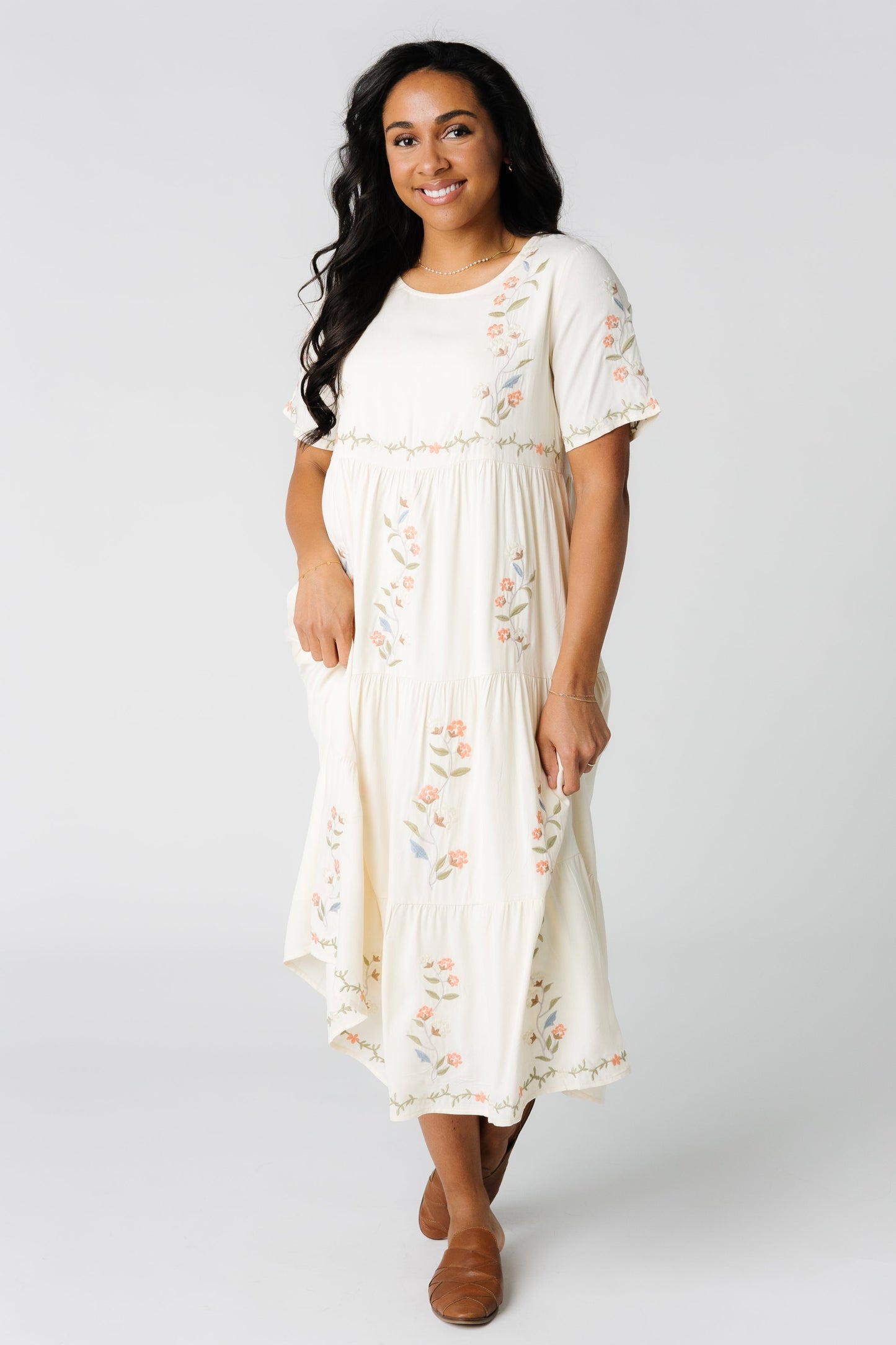 Modest cream midi with embroidery details and short sleeves