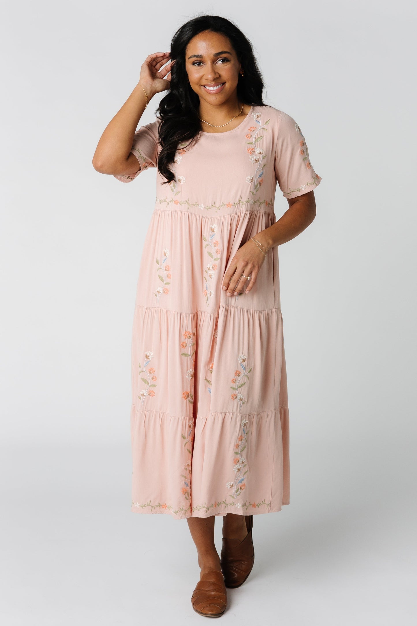 Modest embroidered tiered midi dress in blush