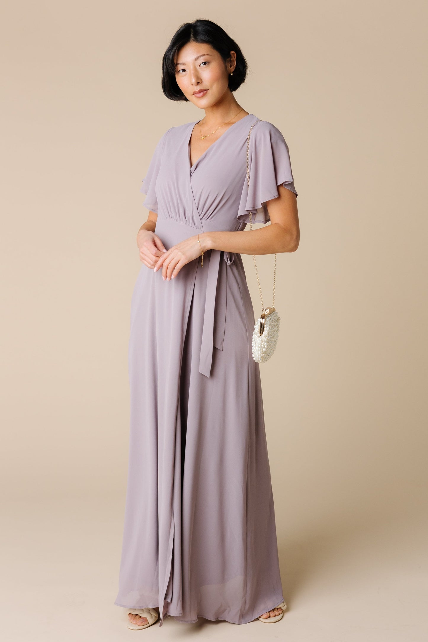 Modest Naples chiffon bridesmaid dress in light mauve