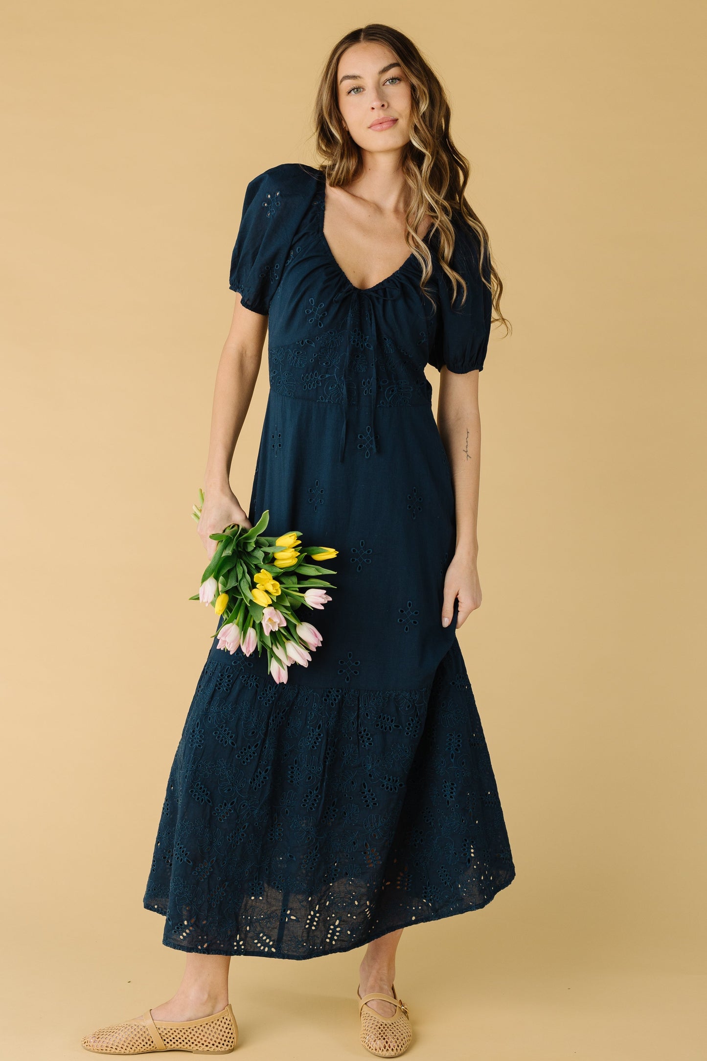 Navy eyelet maxi dress with drawstring scoop neckline