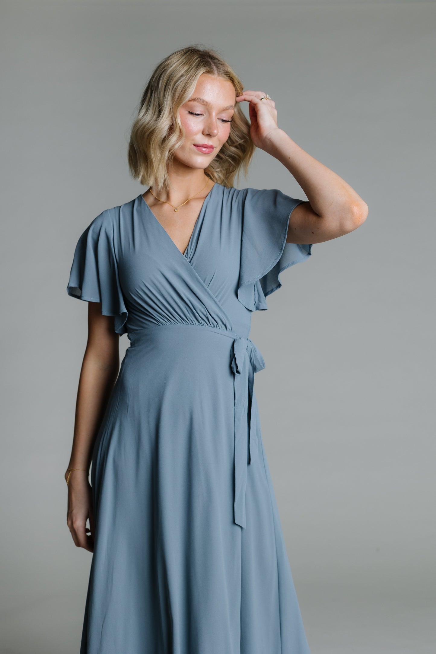 Naples Flutter Sleeve Wrap Maxi - Dusty Blue Bridesmaid Dress brass & roe 