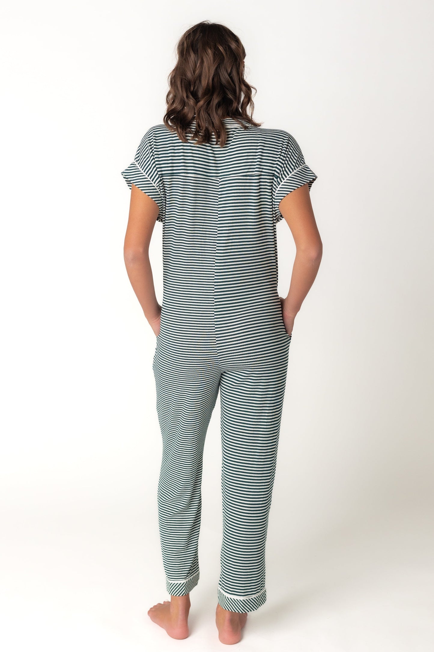 Back view of green stripe full length pajama with short sleeves
