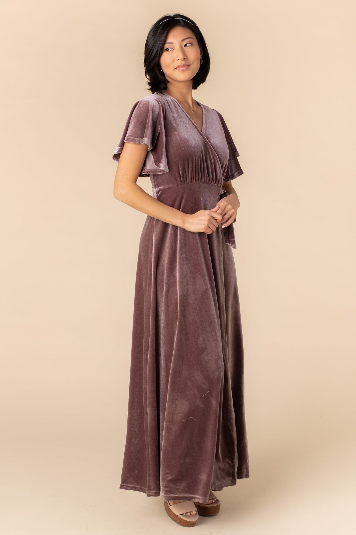 Velvet wrap maxi bridesmaid dress in deep rose