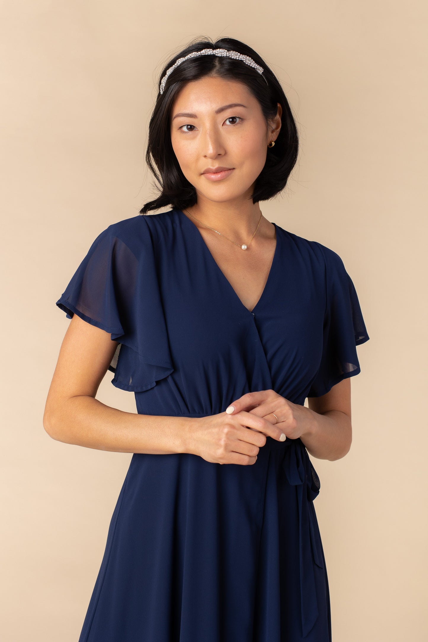 Naples Flutter Sleeve Wrap Maxi - Navy Bridesmaid Dress Brass & Roe 