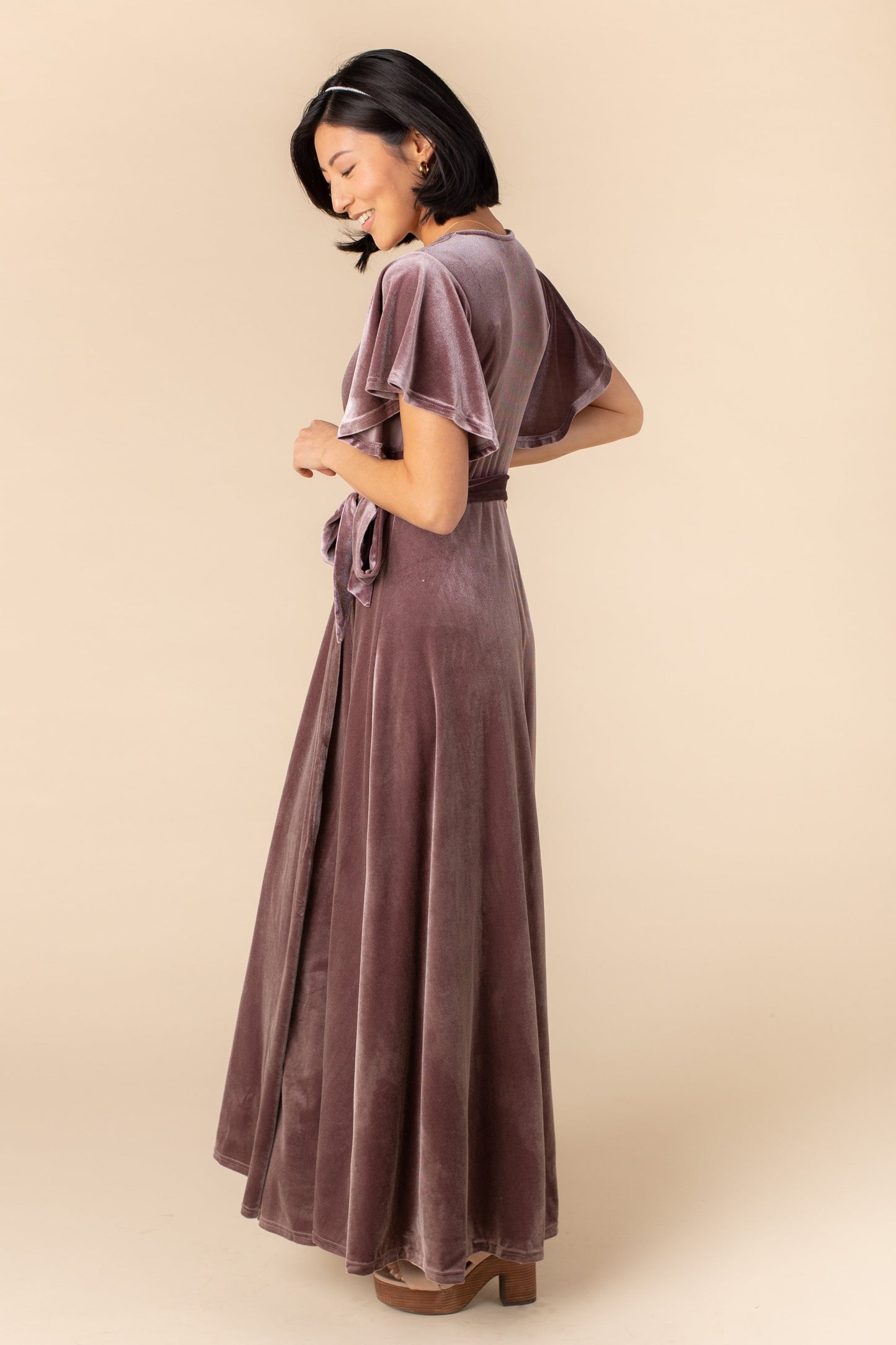 Arbor deep rose velvet wrap maxi dress