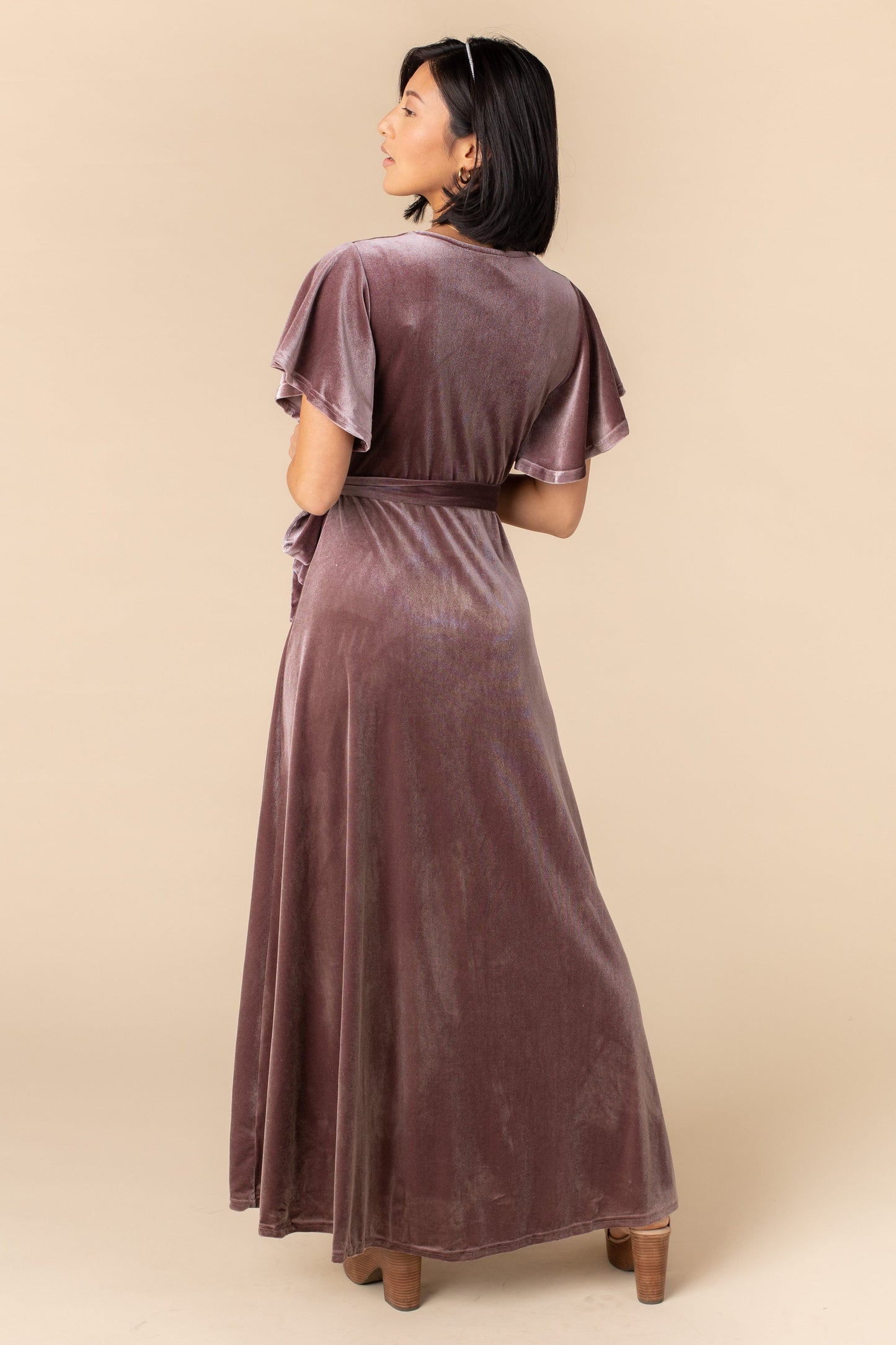 Back view of deep rose velvet maxi dress