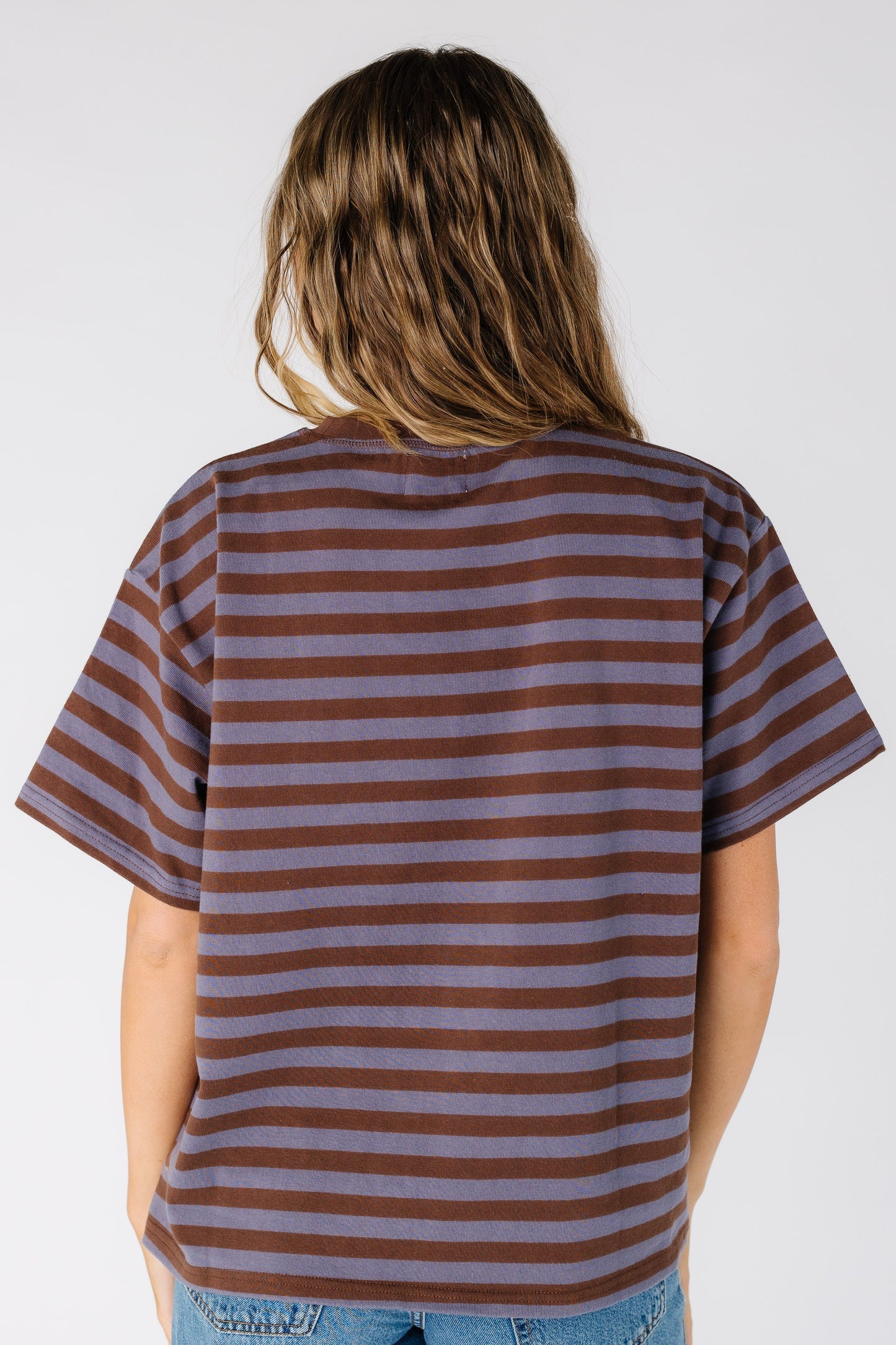 Back view of a woman wearing a loose fitting tee in dusty blue and brown