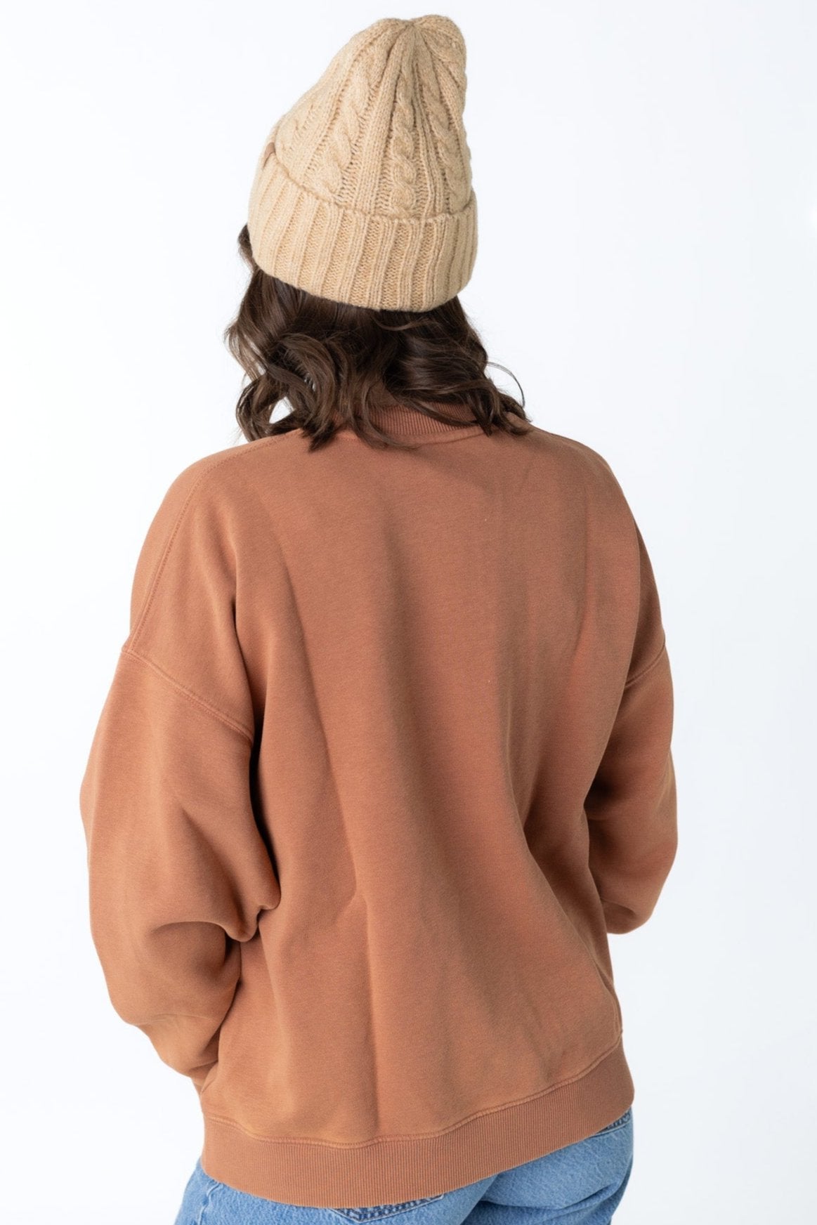 Back view of Roxy Lineup Oversized Crew in cinnamon color
