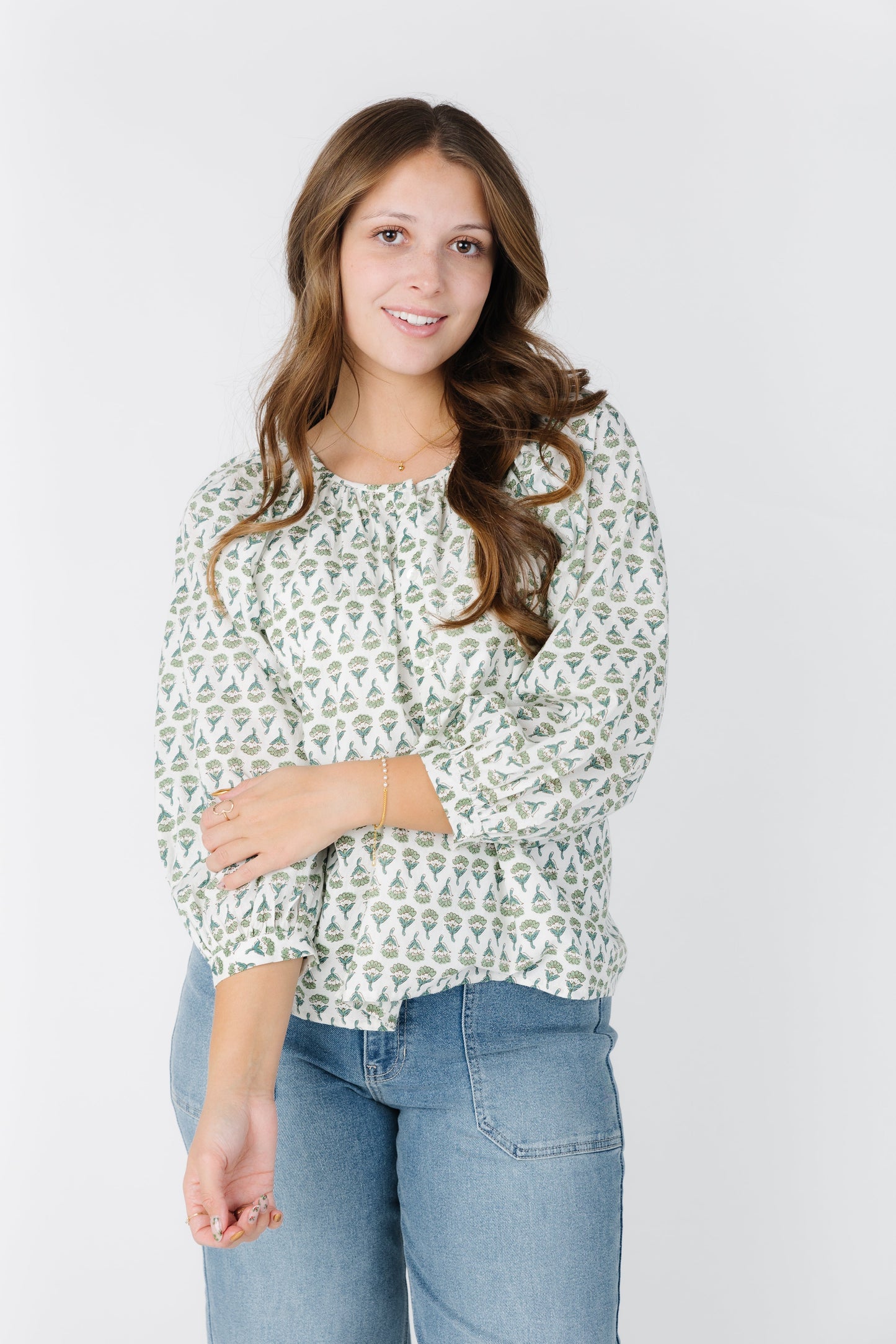 White button down print top