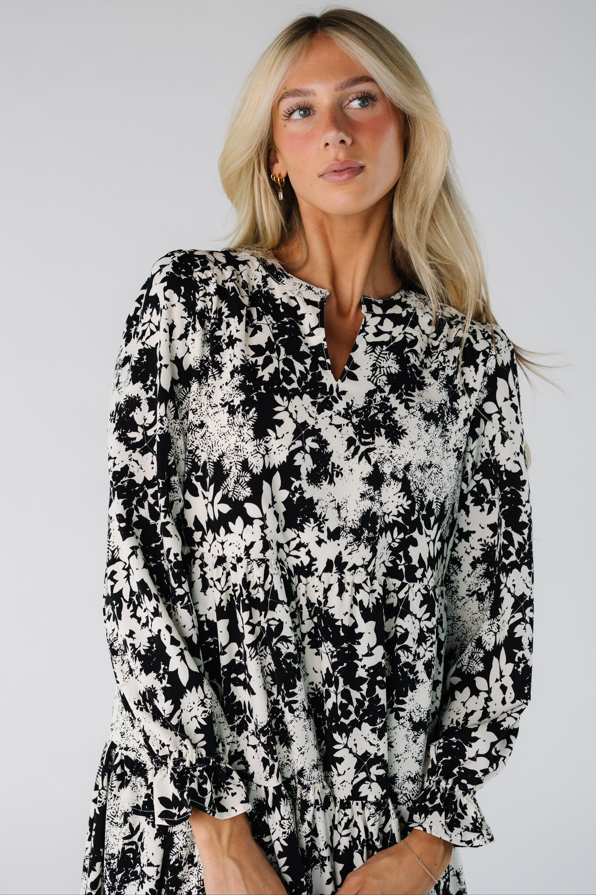 Brass & Roe Roxi Dress for women and teens in black and white floral print