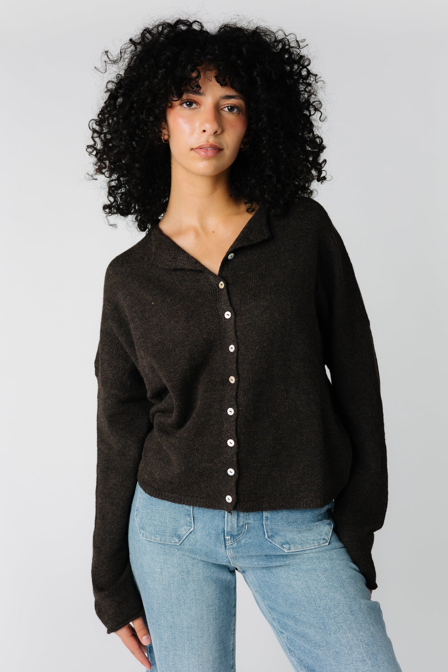 Modest women's brown button down cardigan with long sleeves