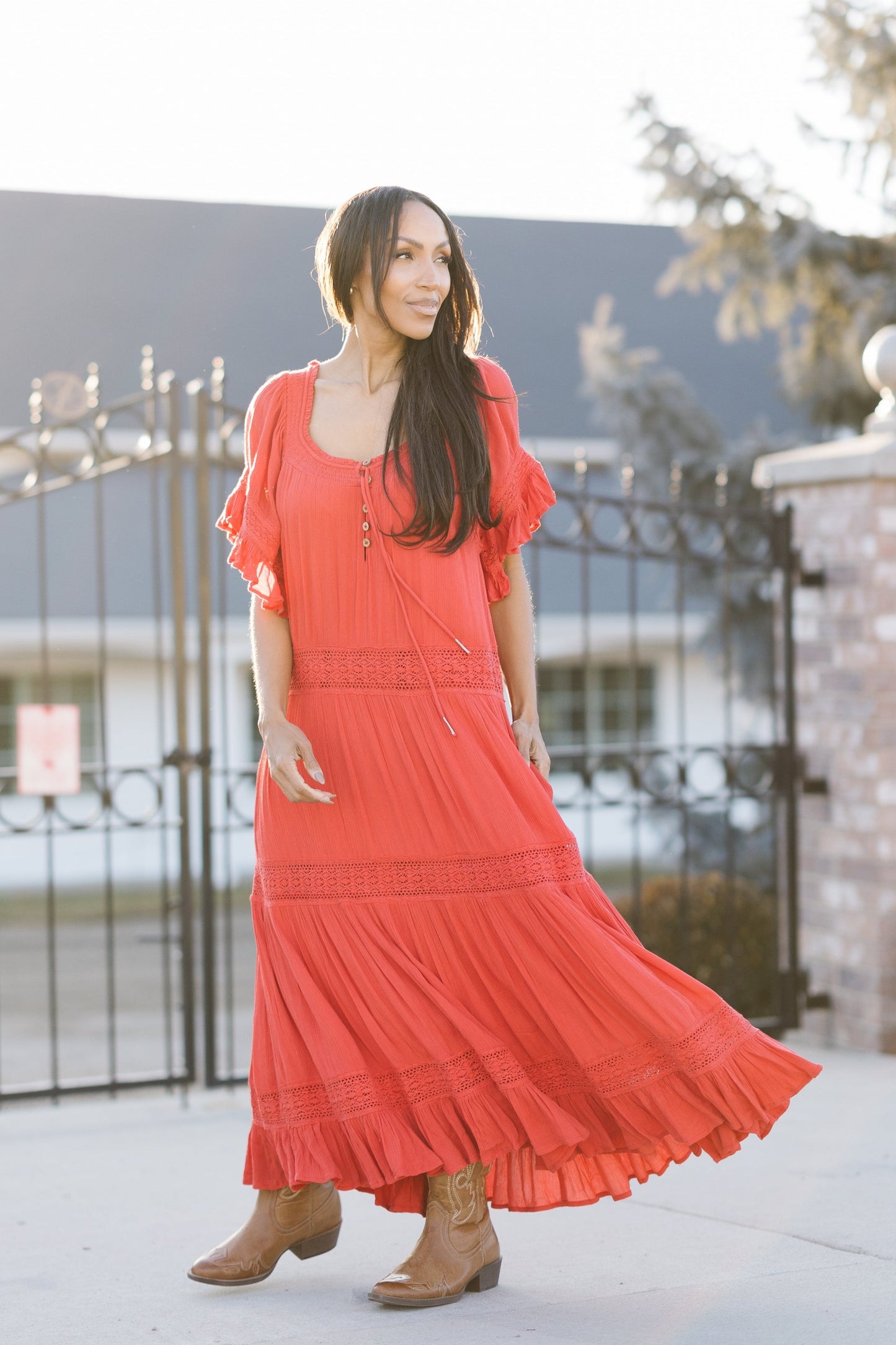 Citrus Brode Lace Dress in red