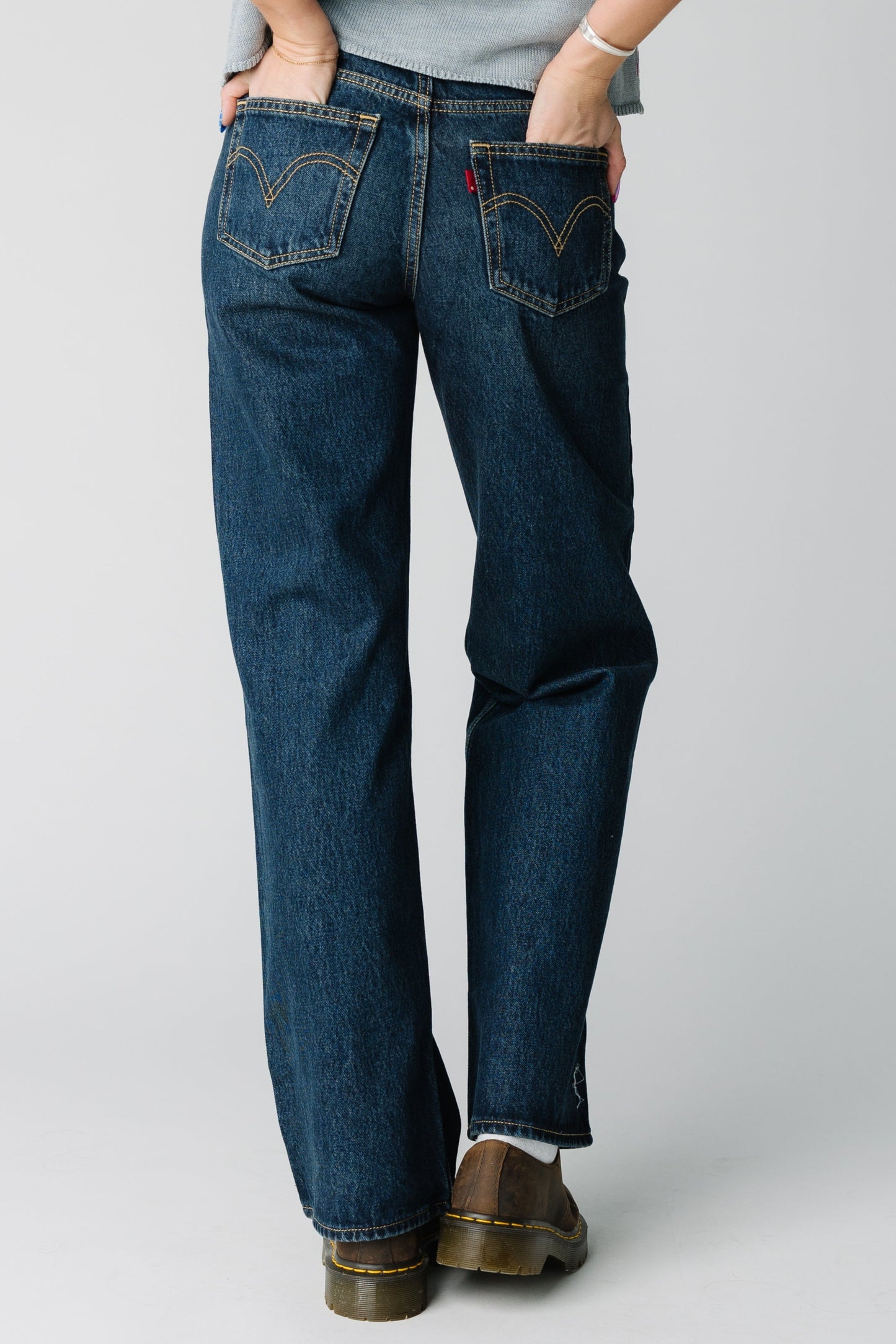 Back view of dark denim straight leg jeans A5566