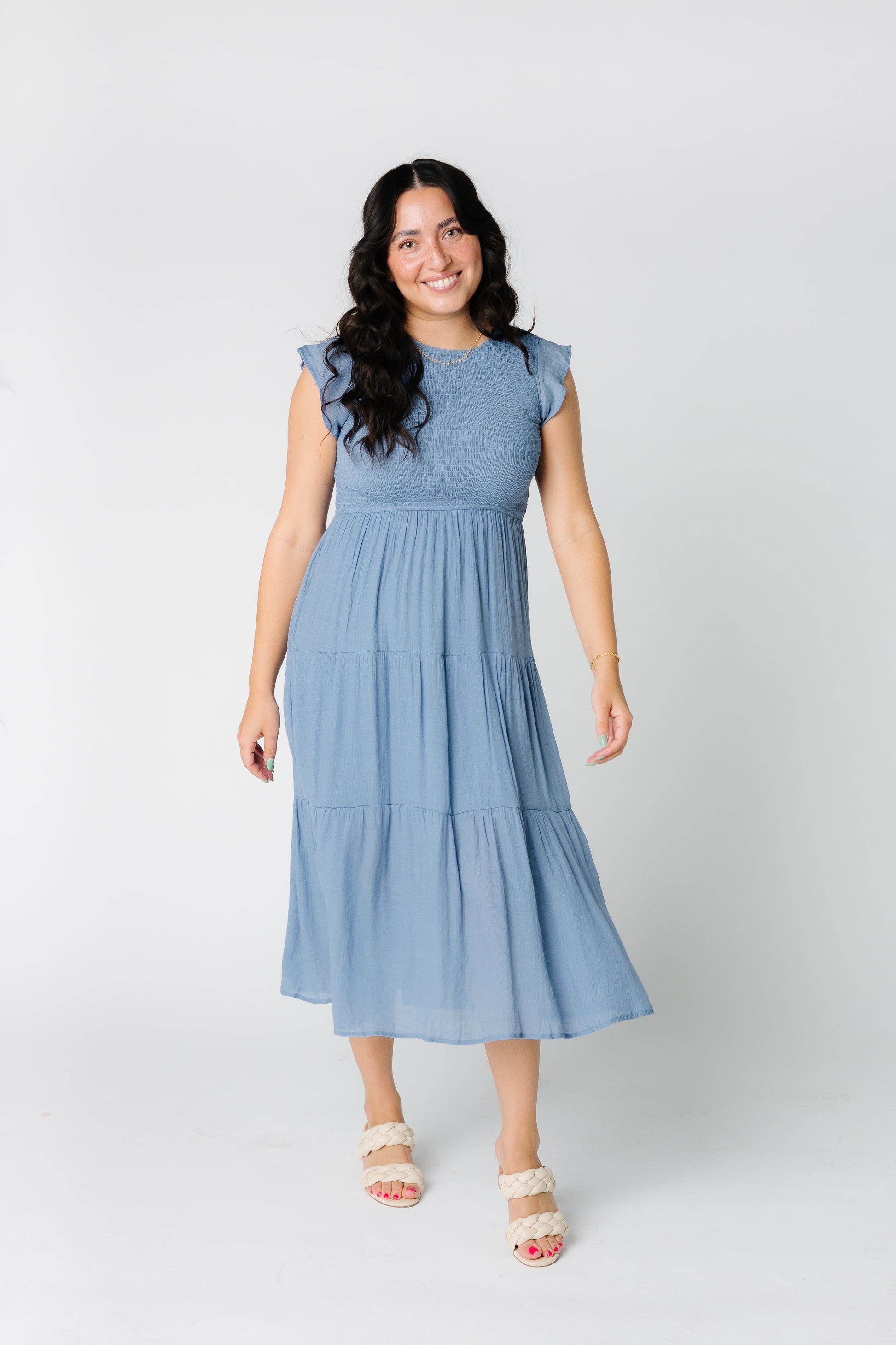 All In Smocked Dress - Blush & Chambray WOMEN'S DRESS Blu Pepper Chambray Dusty Blue S 