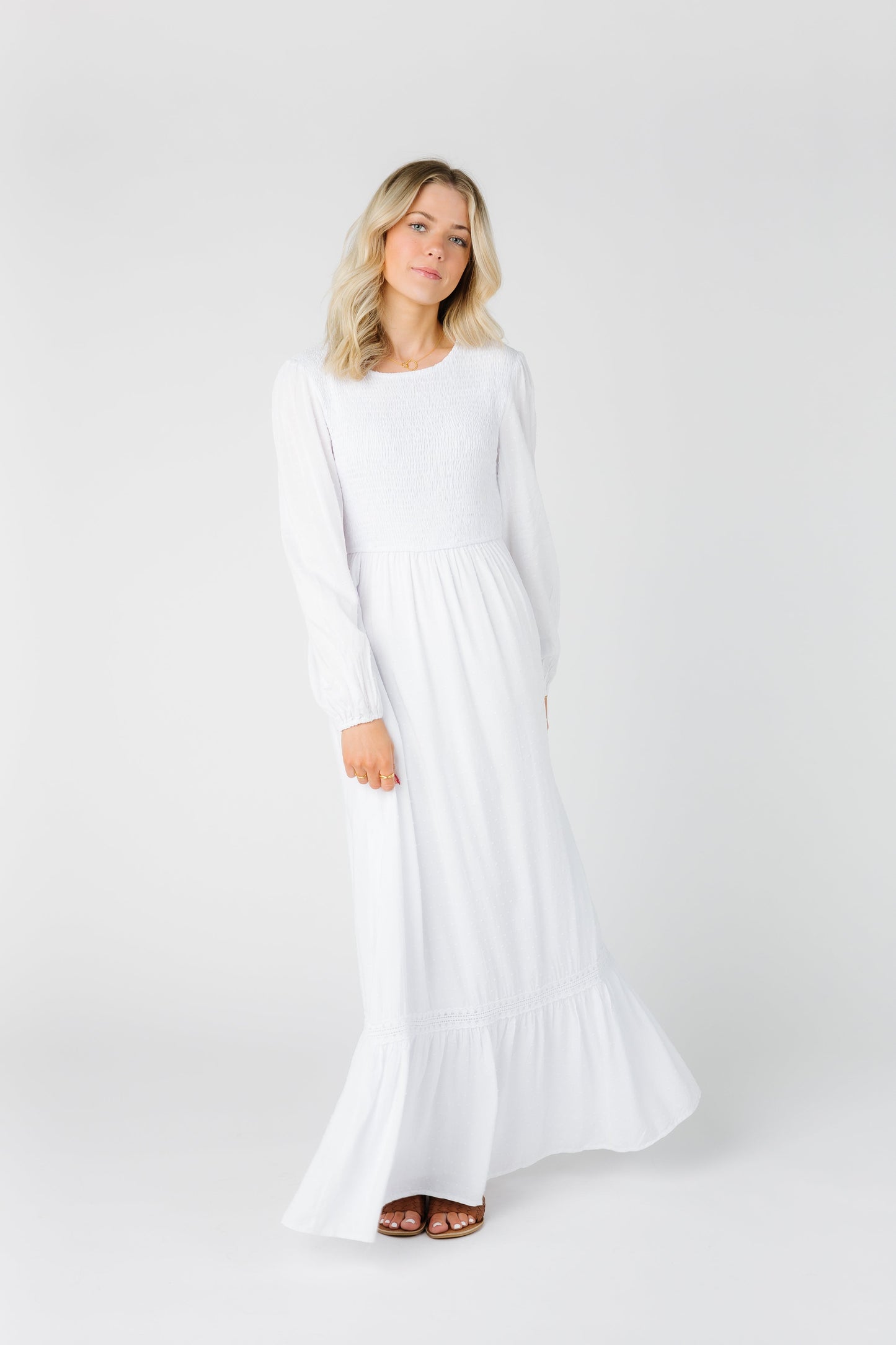 Smocked Maxi Dress With Pockets WOMEN'S DRESS Tea N Rose White XS 