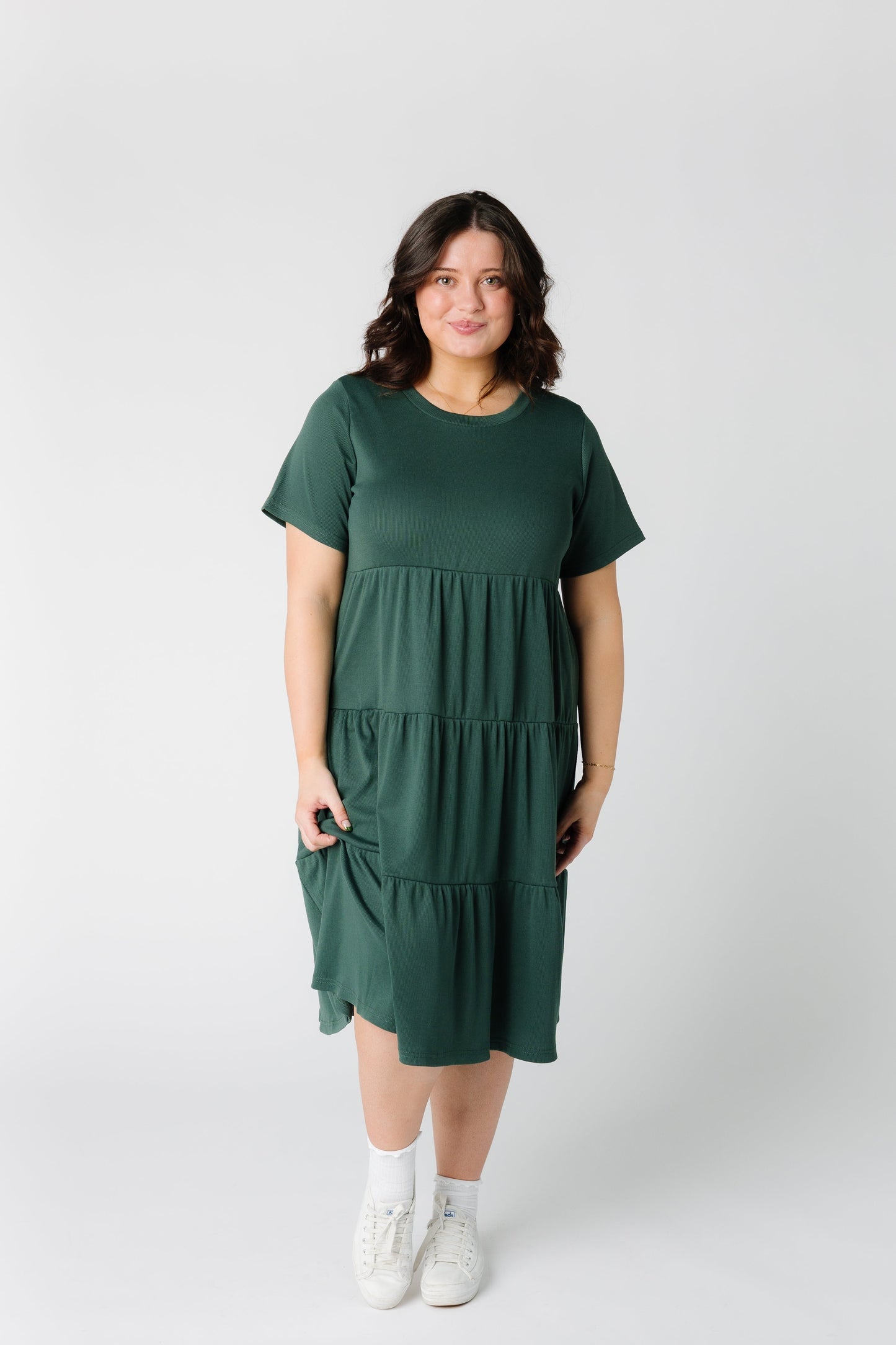 Brass & Roe Summer Ribbed Tiered Dress in modest plus size in dark green
