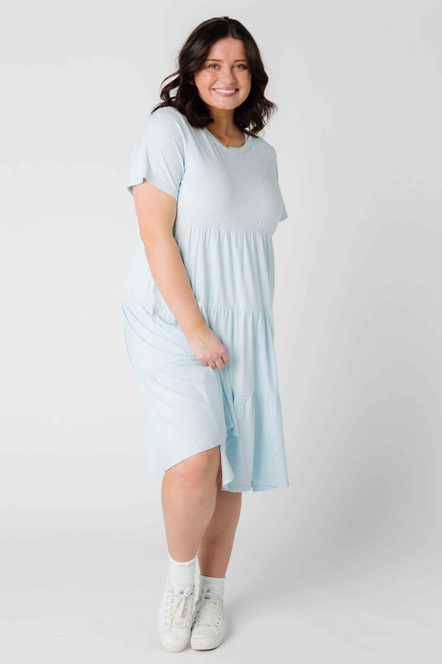 Brass & Roe Summer Ribbed Tiered Dress for women in light blue