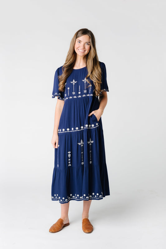 Embroidered Tiered Dress WOMEN'S DRESS Tea N Rose Navy S 