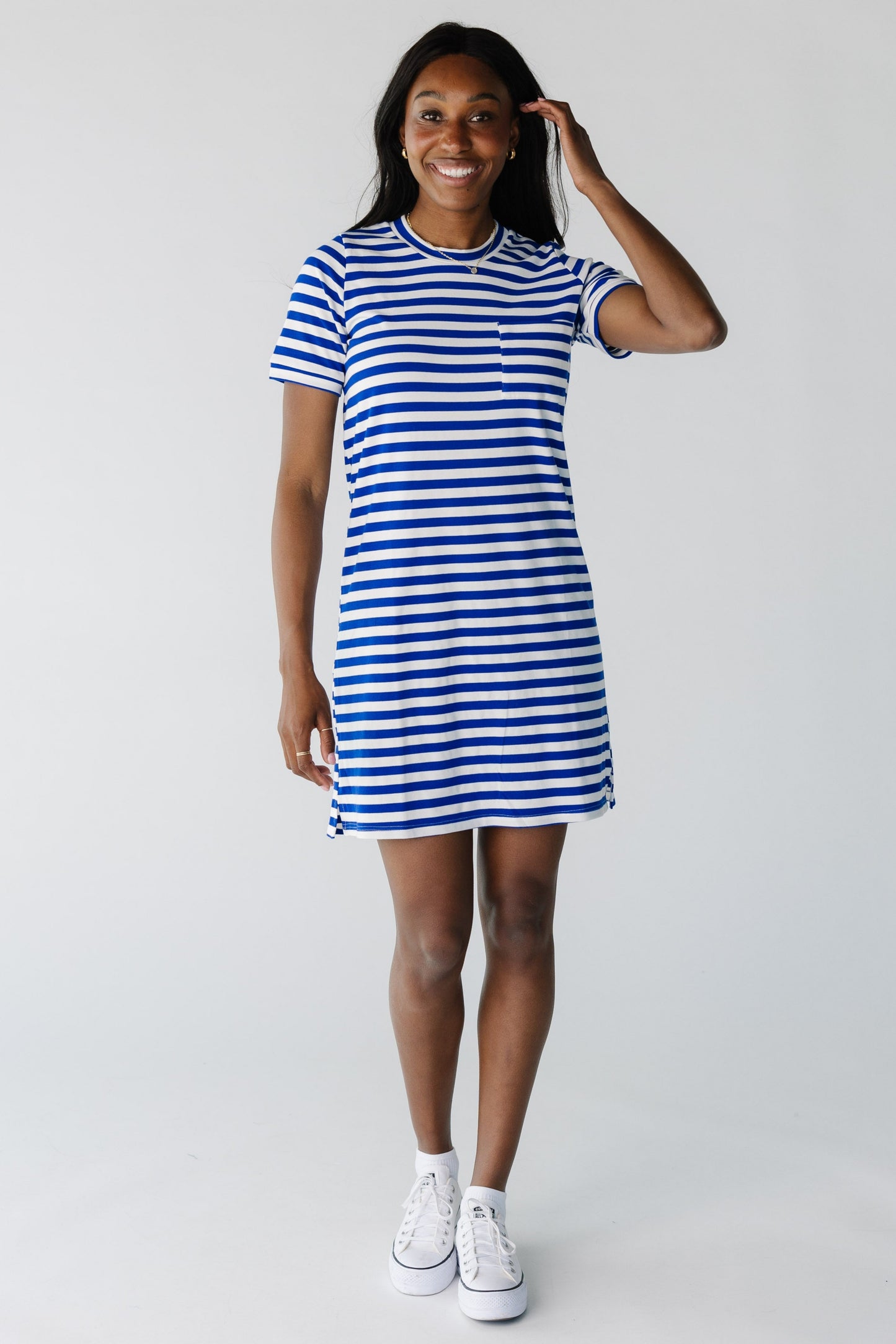 Modest t-shirt dress in royal blue and white with short sleeves and crew neckline