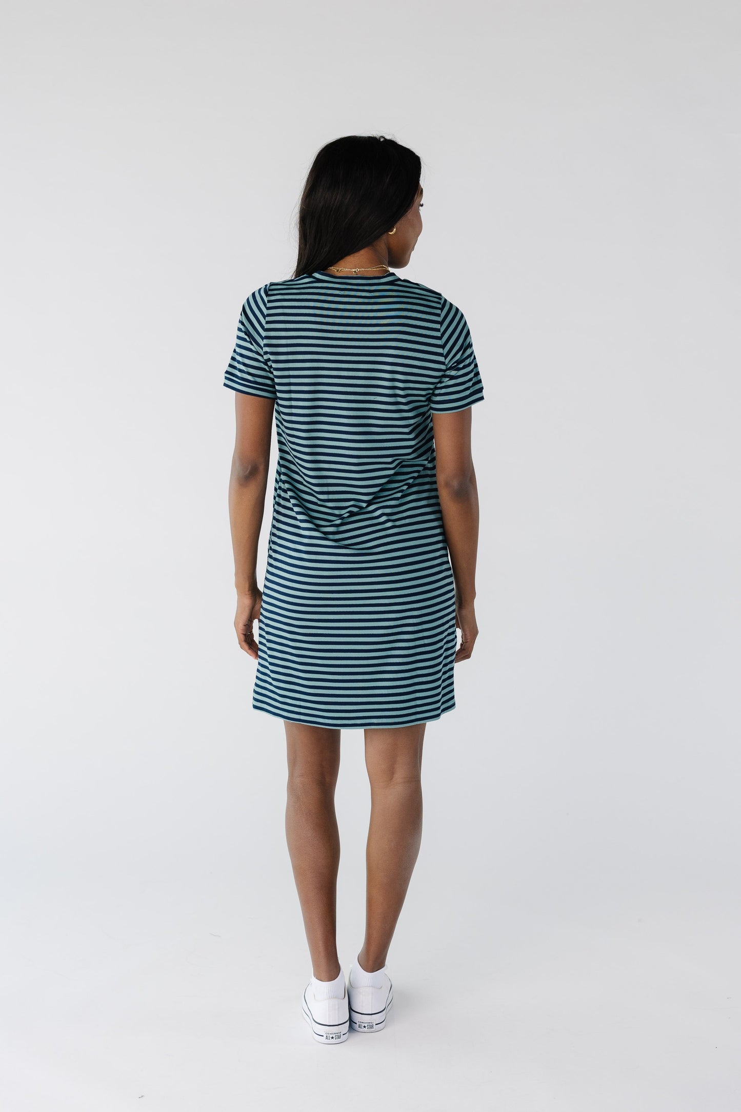 Back view of blue and navy t-shirt dress
