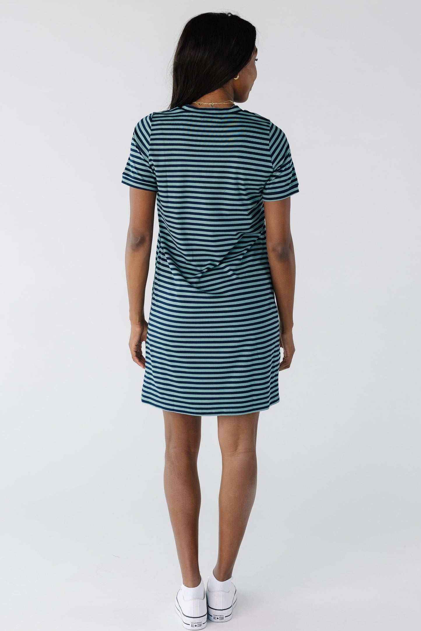 Back view of blue and navy t-shirt dress