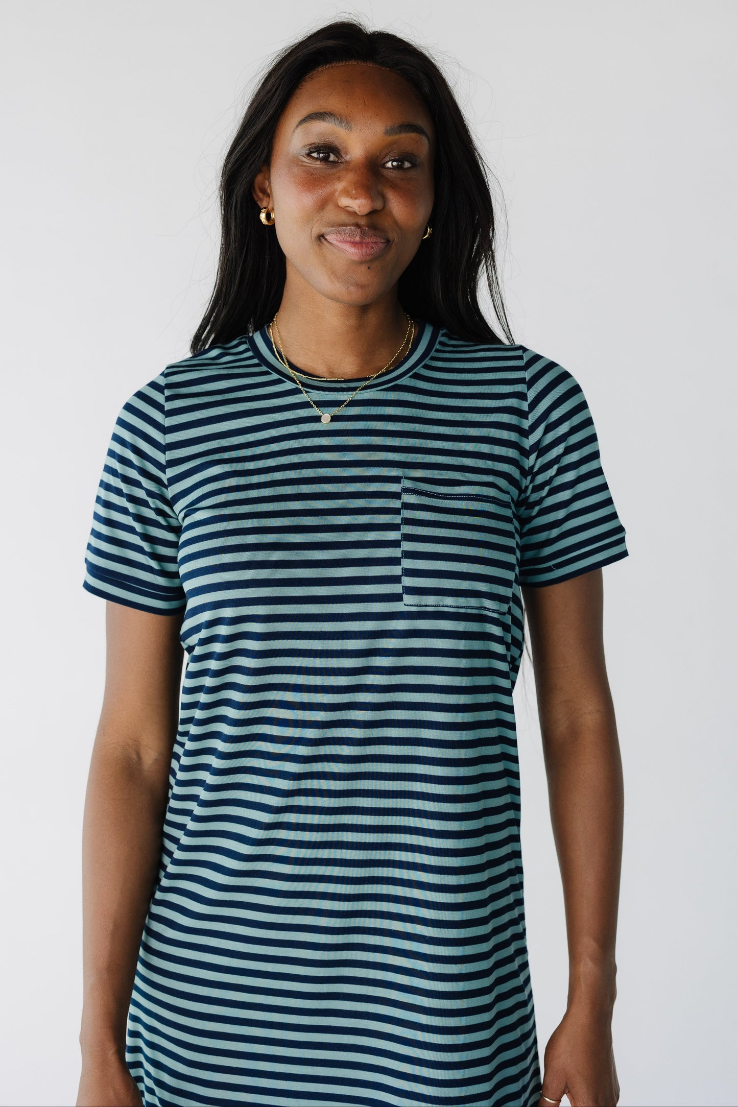 Brass & Roe New Cozy T-Shirt Dress in blue and navy stripe