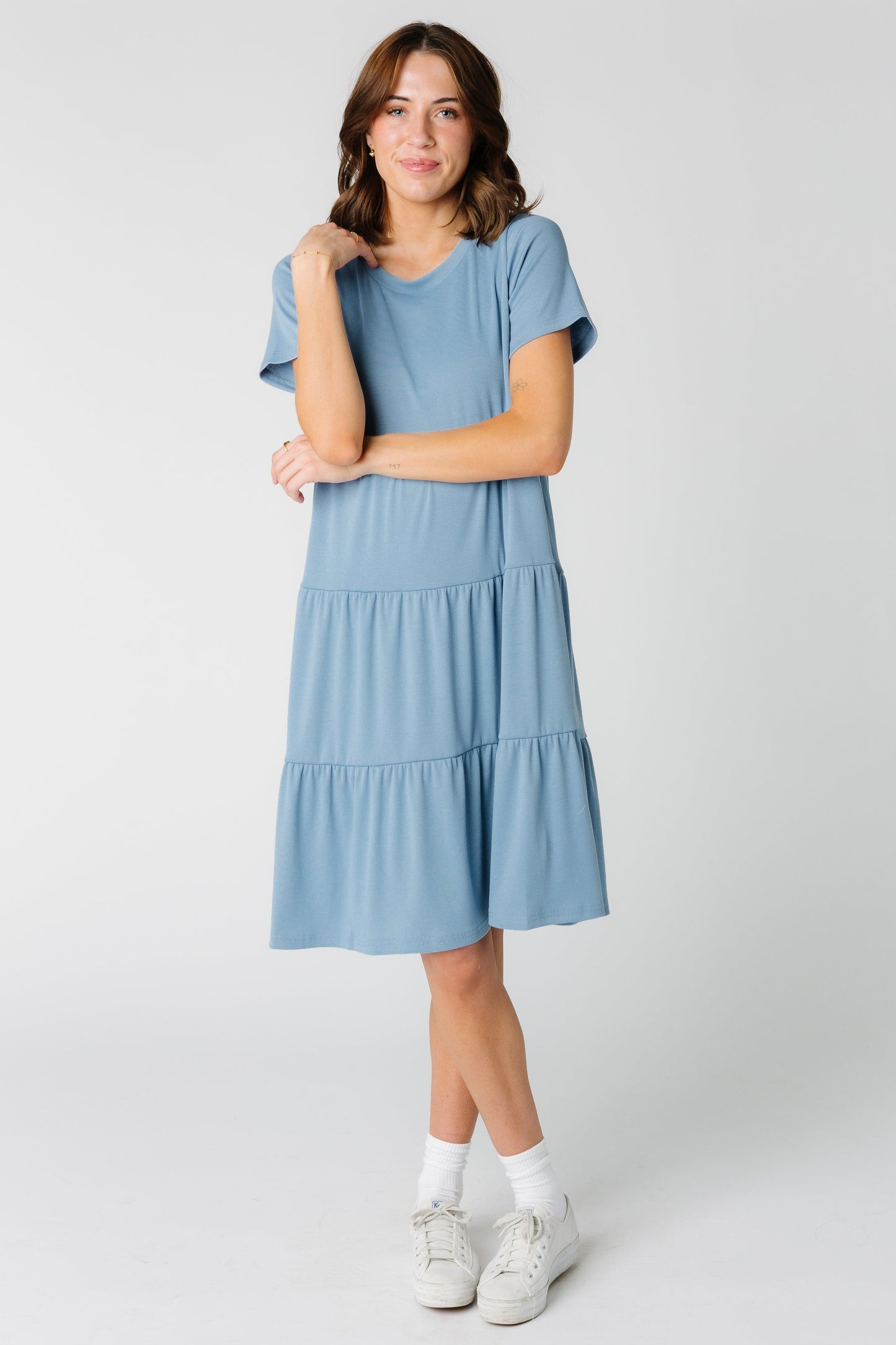 Brass & Roe Summer Ribbed Tiered Dress for women in dusty blue