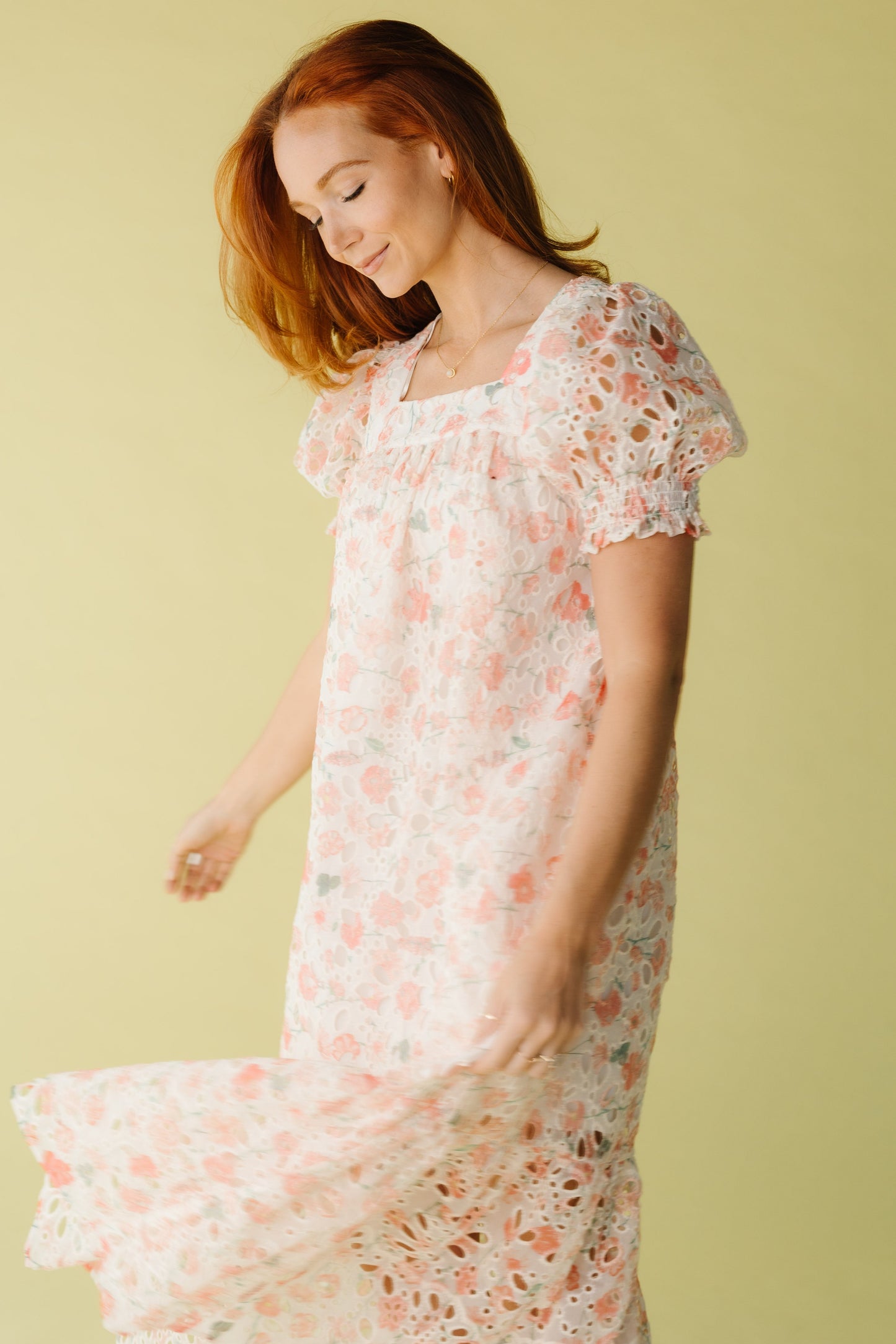 Eyelet square neck pink floral dress