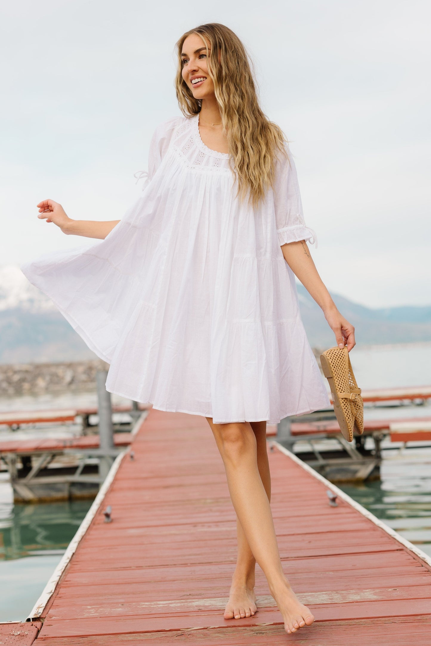 Take Me Out Knee Dress in white with lace