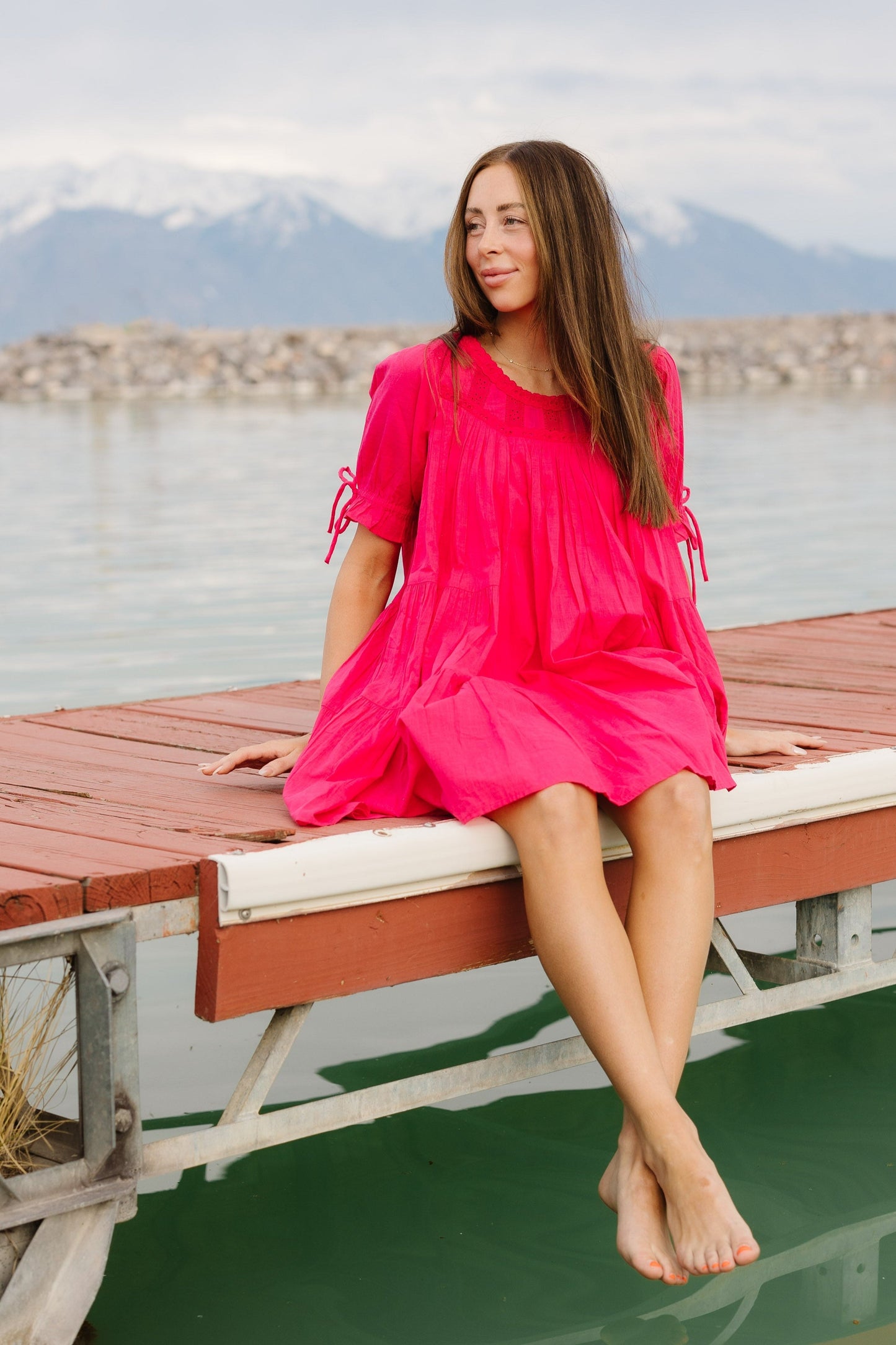 Take Me Out Knee Dress in pink with short sleeves