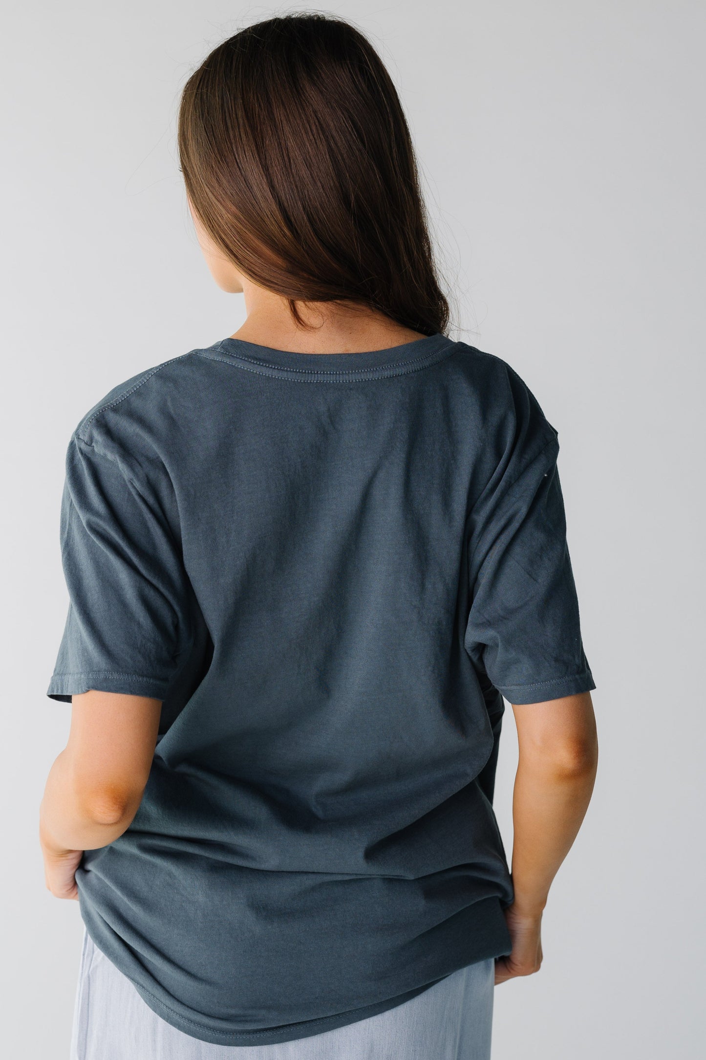 Back view of slate blue tee