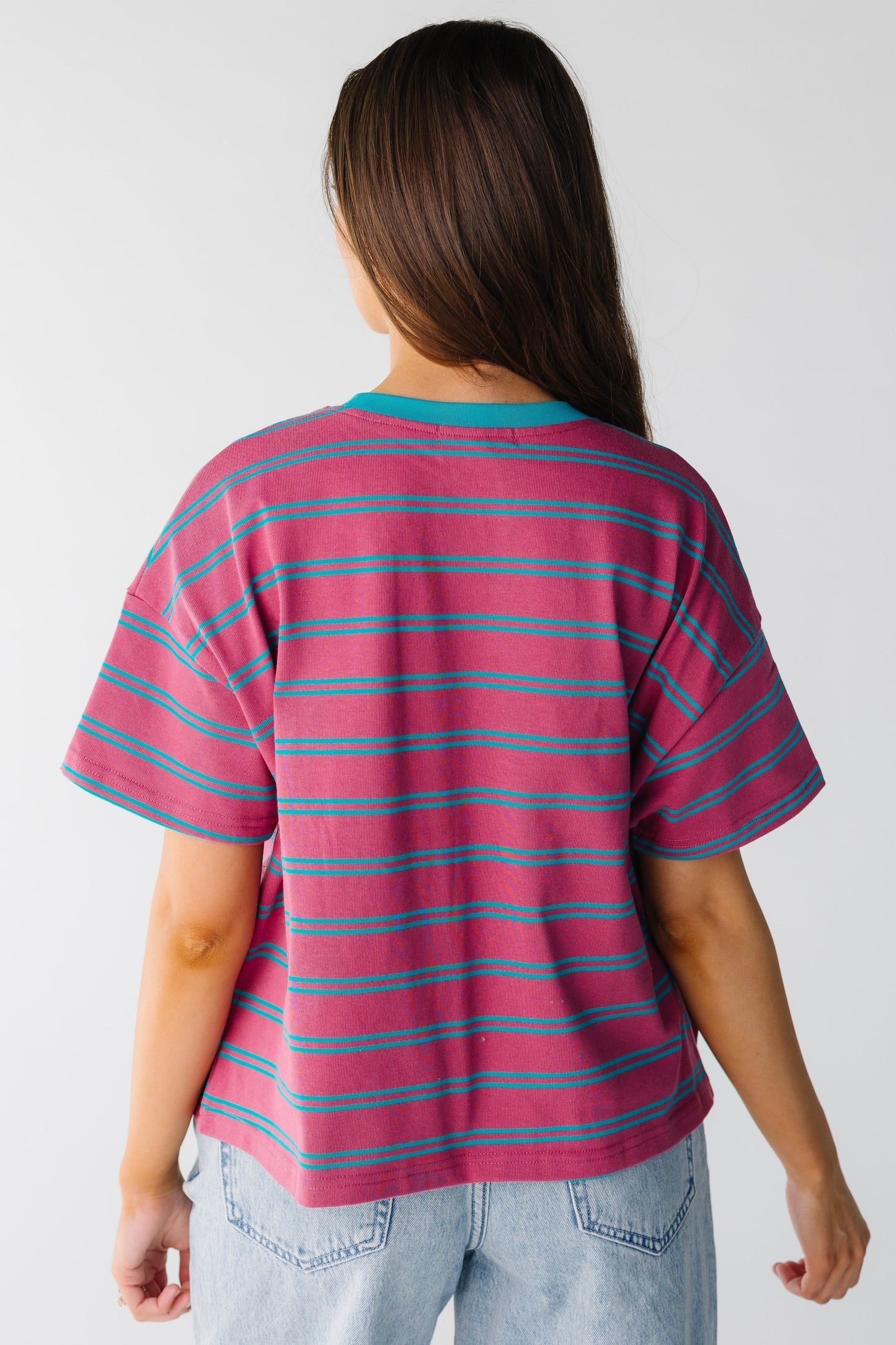 Back view of berry stripe boxy tee
