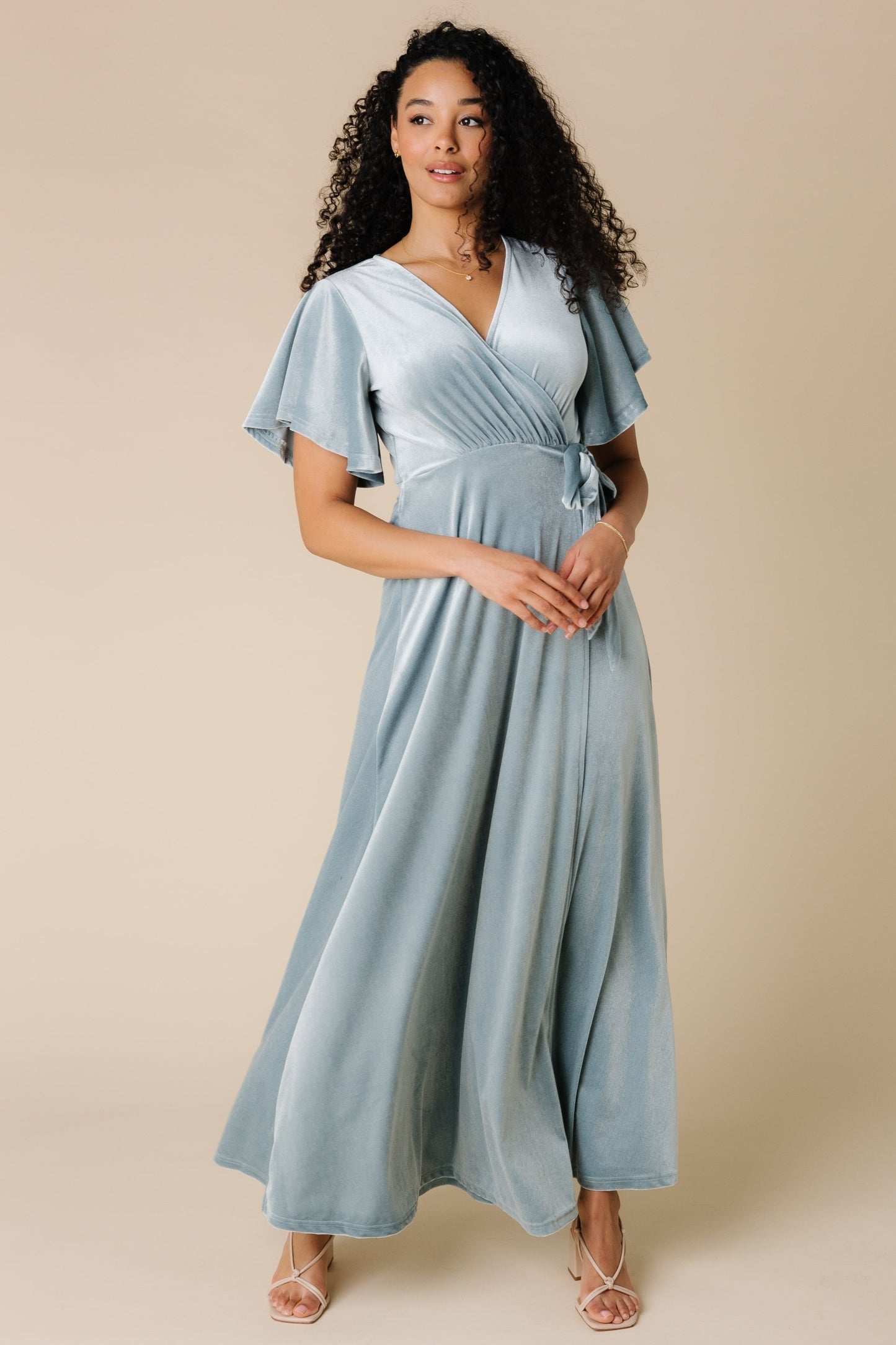 Modest Bridesmaid Dress Velvet Wrap maxi in light blue