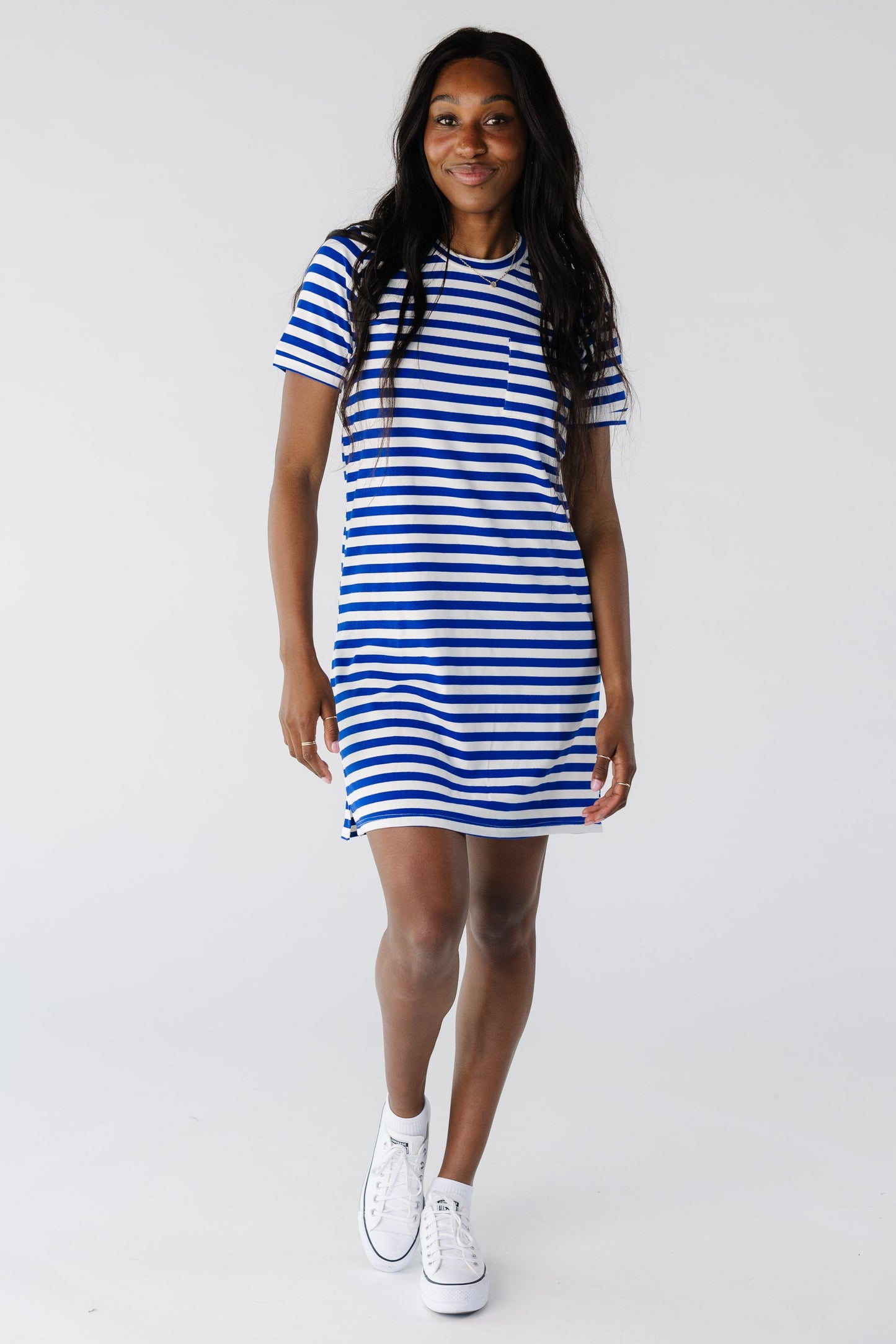 Brass & Roe New Cozy T-Shirt Dress in royal blue and white stripe