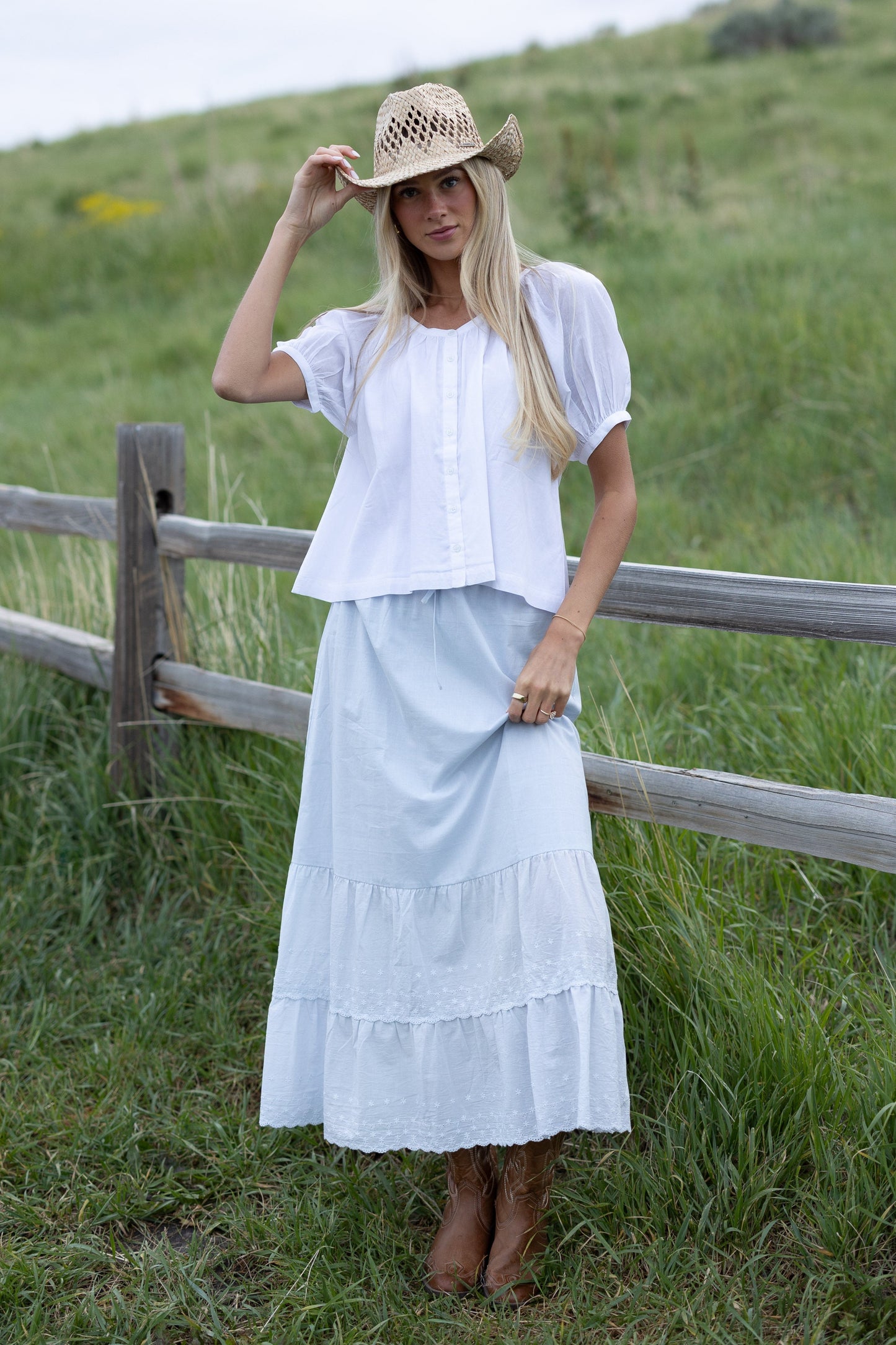 Brass & Roe Melanie Midi Eyelet Skirt in light blue
