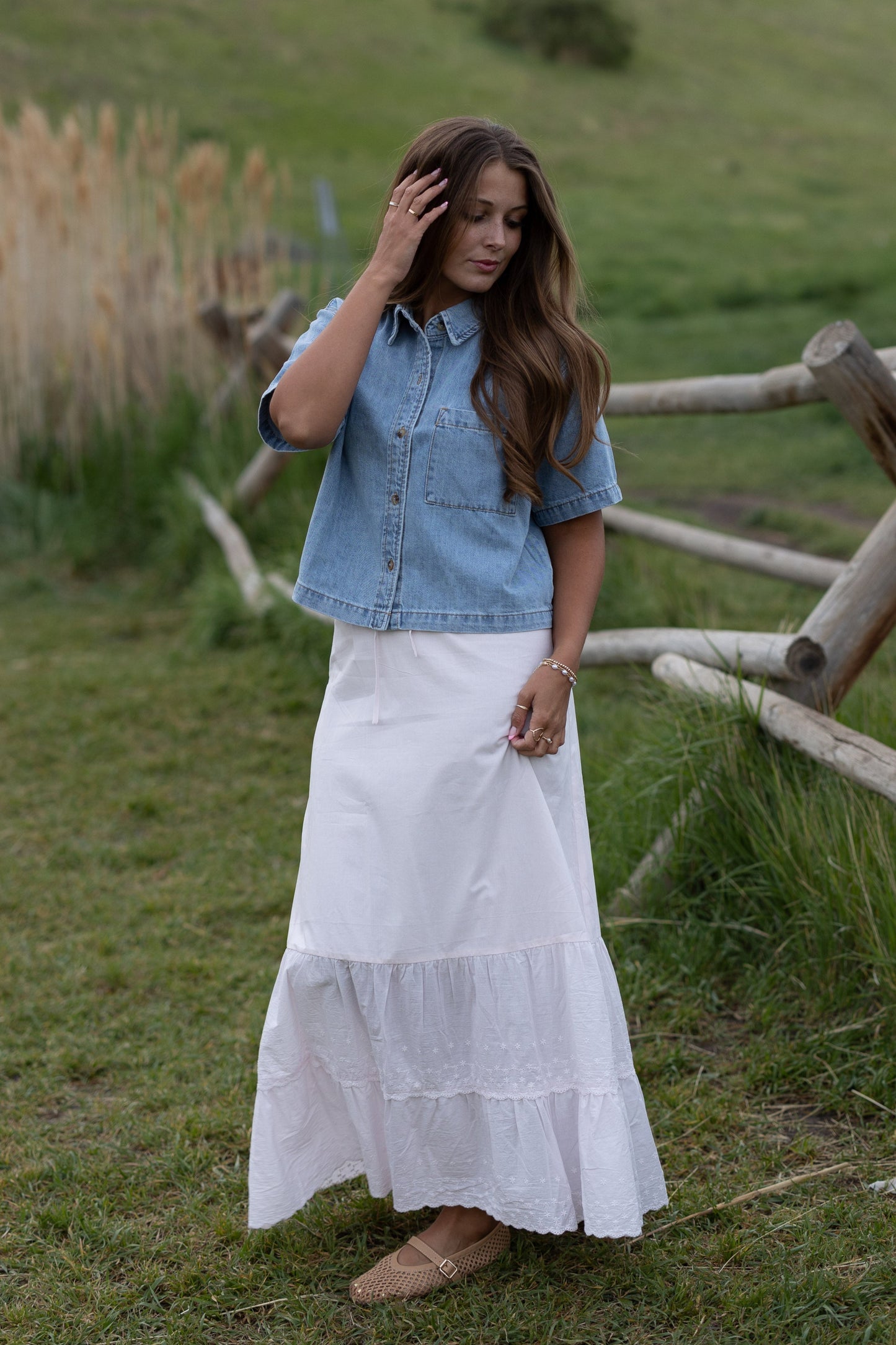 Brass & Roe Melanie Midi Eyelet Skirt in white