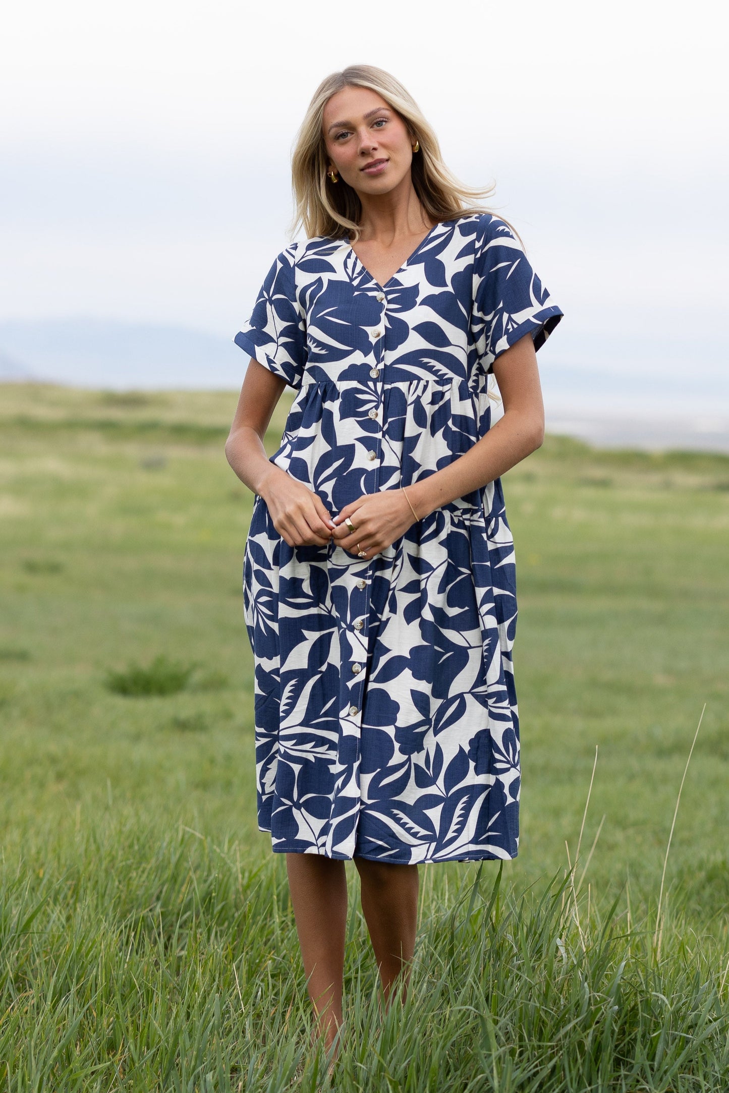 Brass & Roe Keri Button Down Dress in navy and white