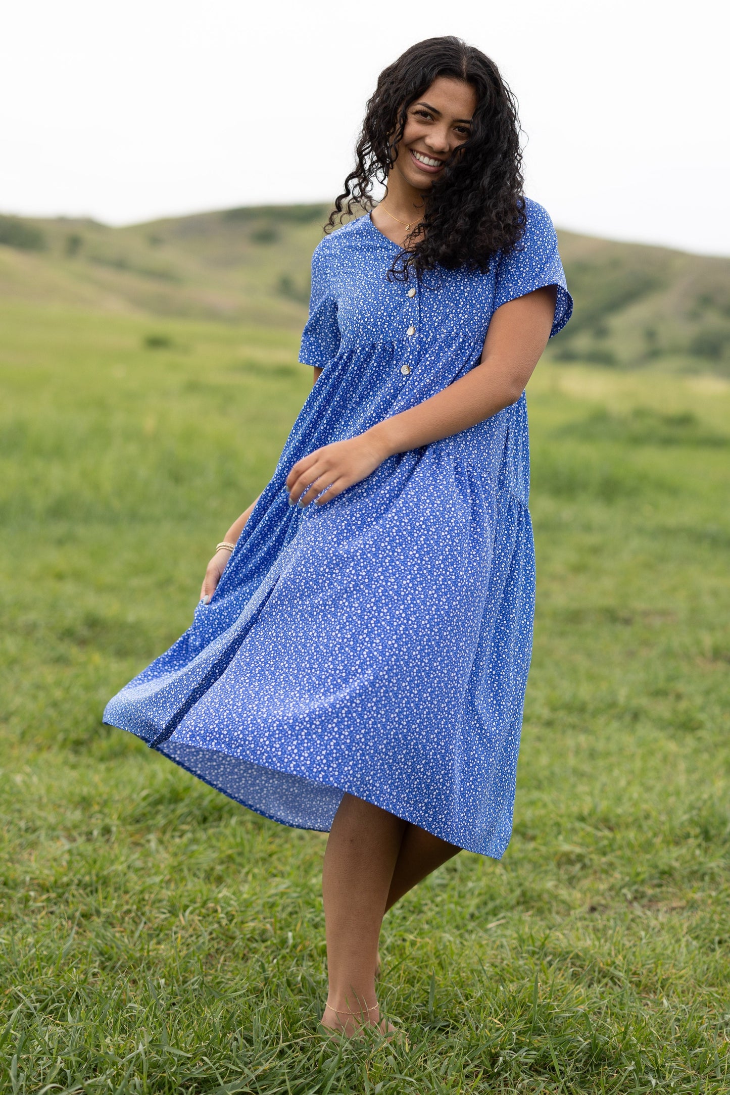 Brass & Roe Keri Button Down Dress in bright blue
