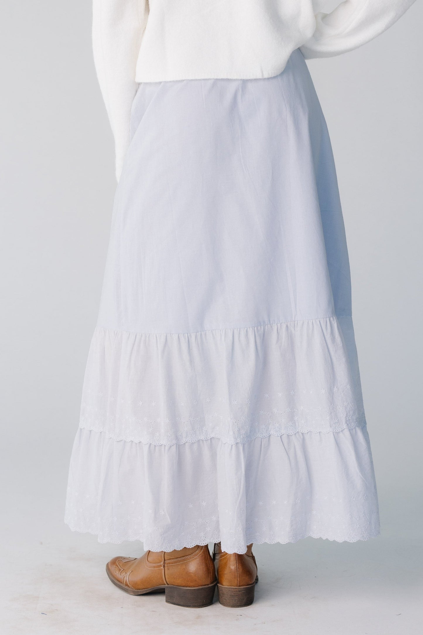 Back view of light blue eyelet maxi