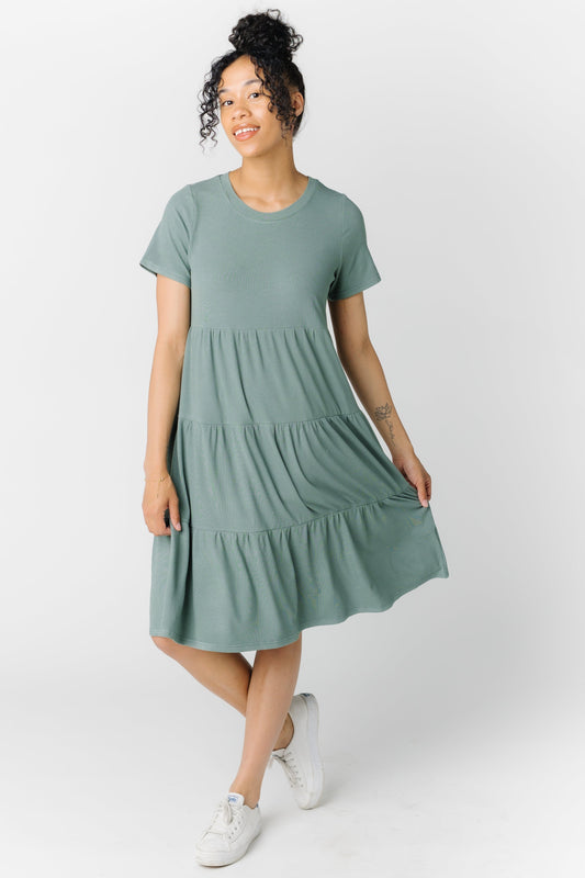 Brass & Roe Summer Ribbed Tiered Dress for women in seafoam