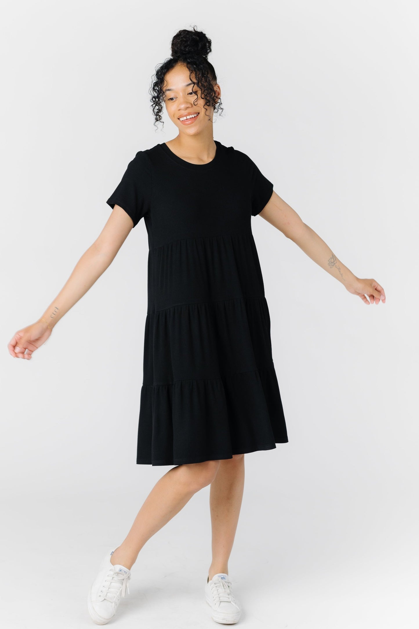 Brass & Roe Summer Ribbed Tiered Dress for women in black