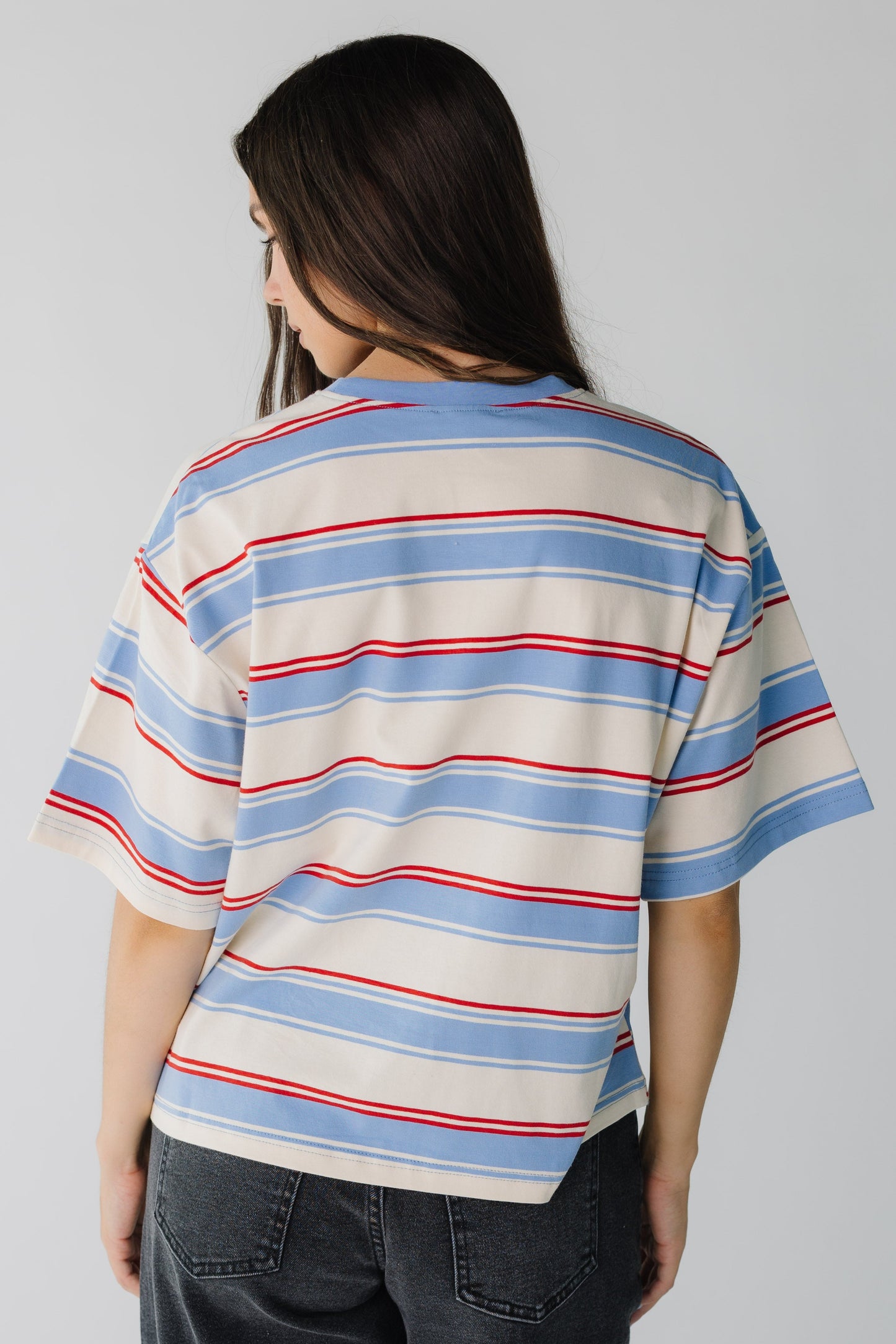 Back view of blue stripe tee