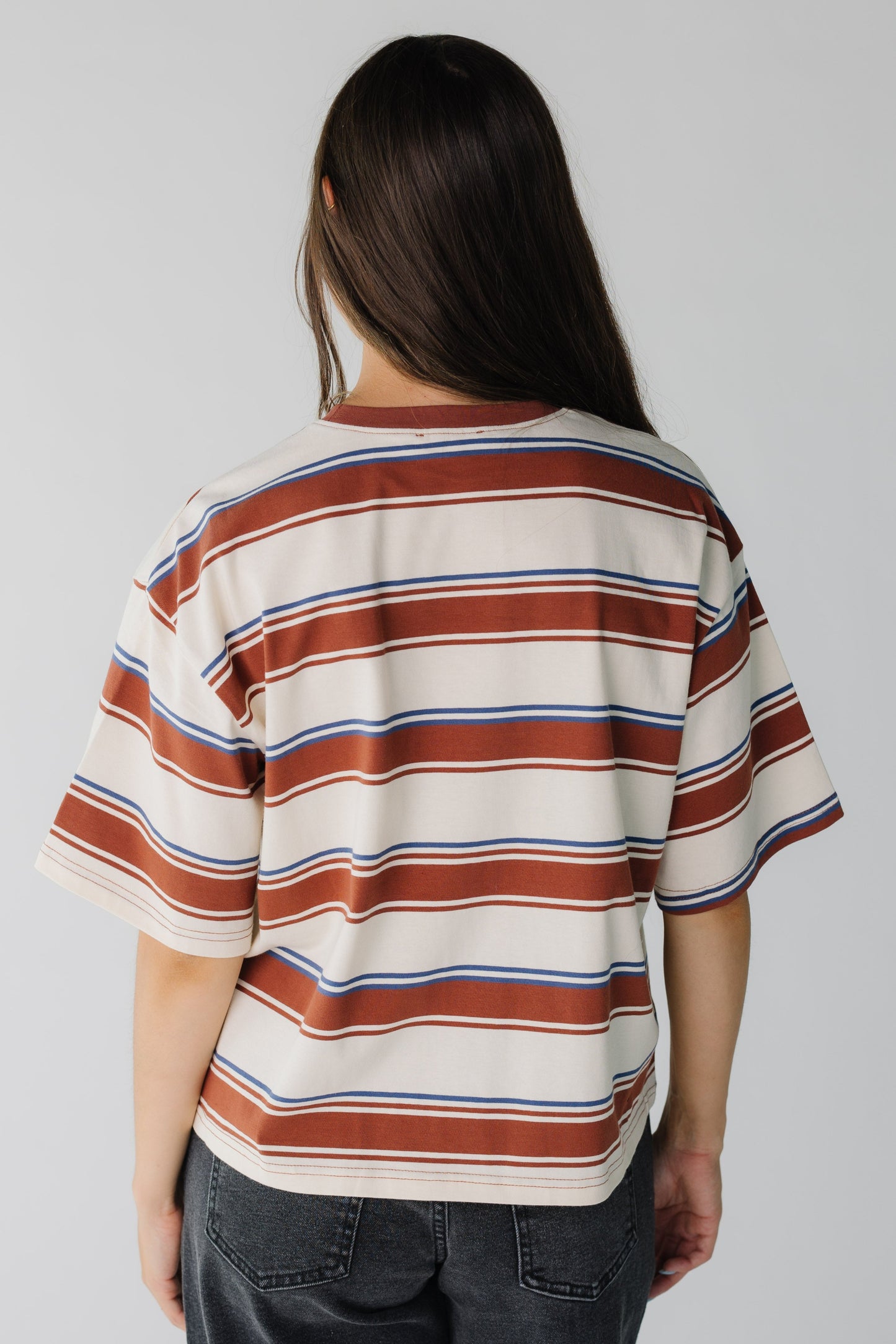 Back view of brown stripe tee with short sleeves