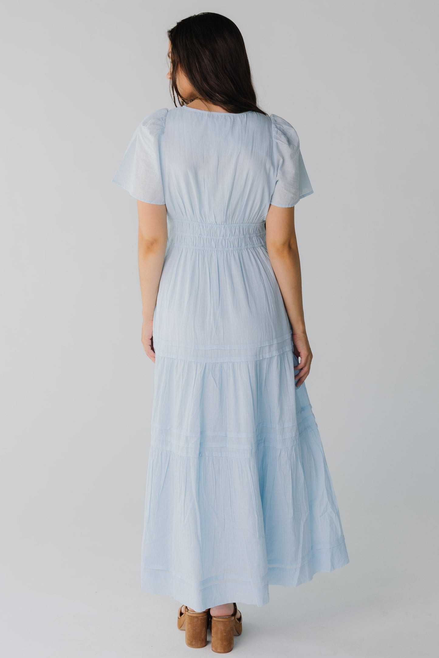 Back view of blight blue maxi dress