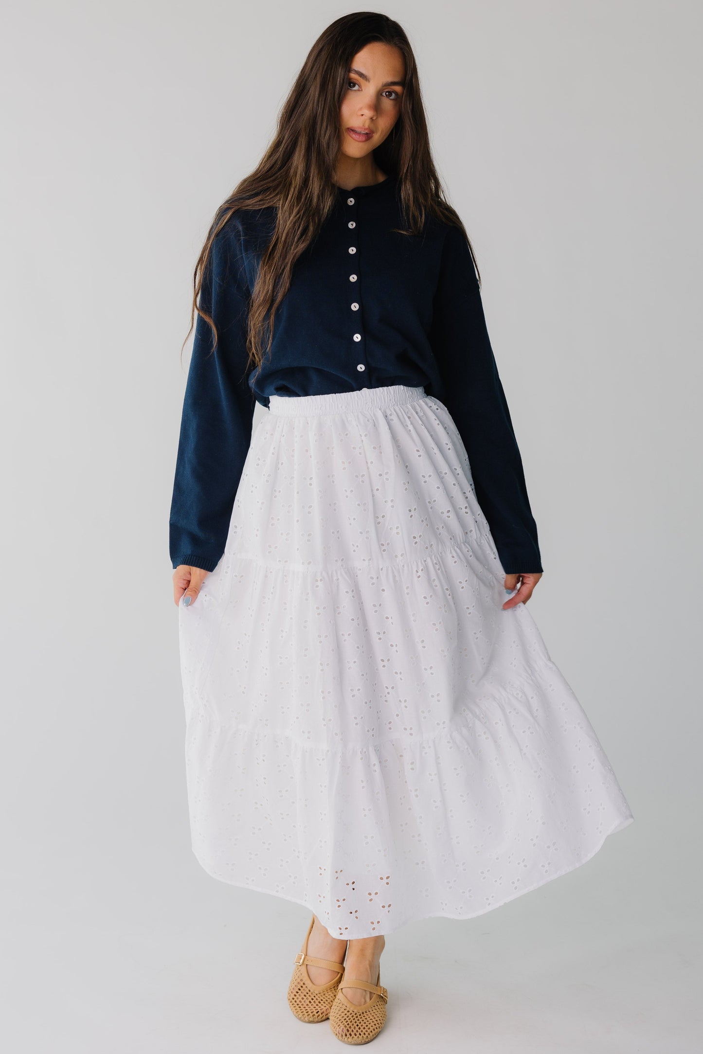 Modest women's white eyelet tiered midi skirt