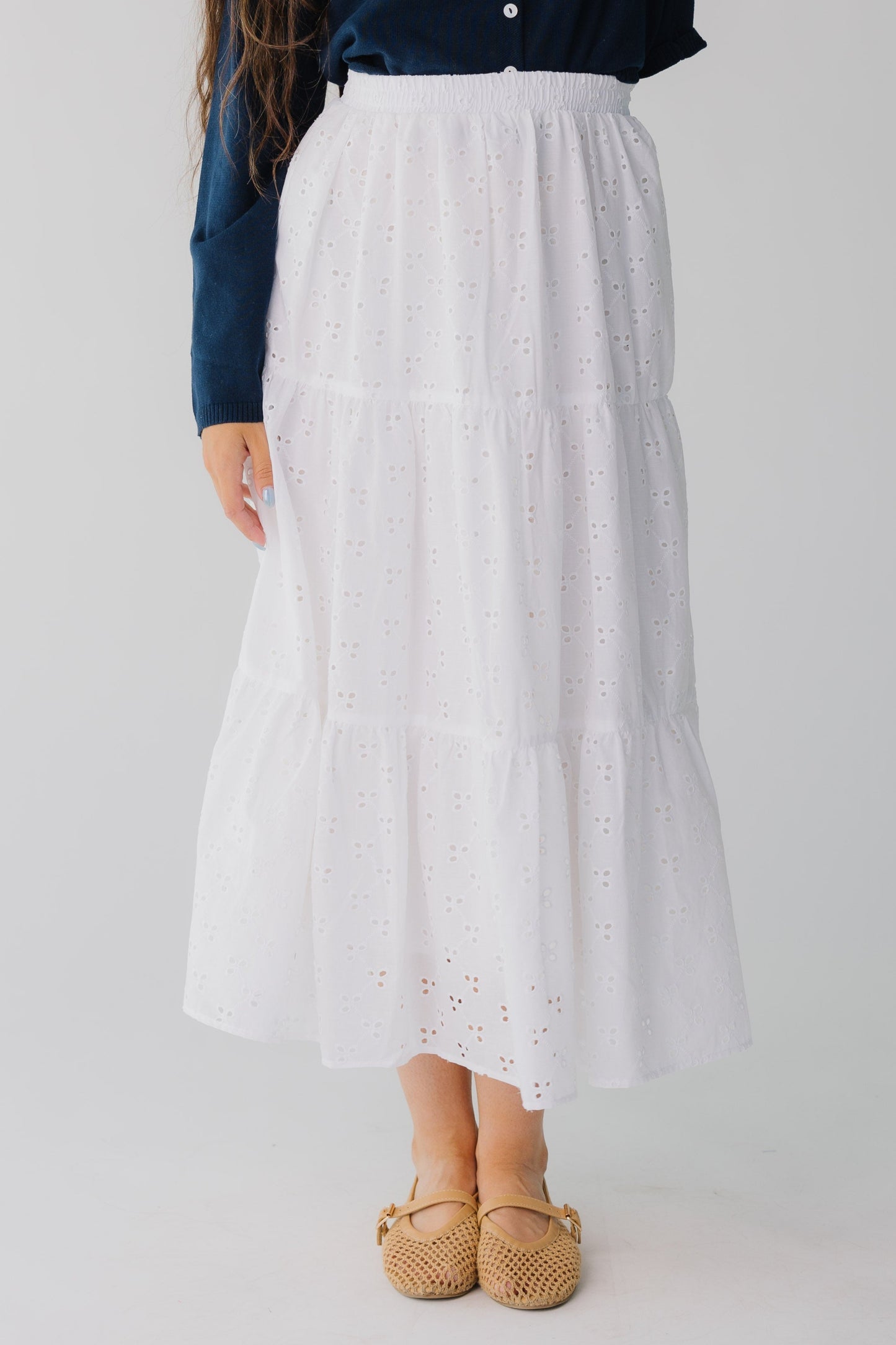 Tiered white eyelet women's skirt