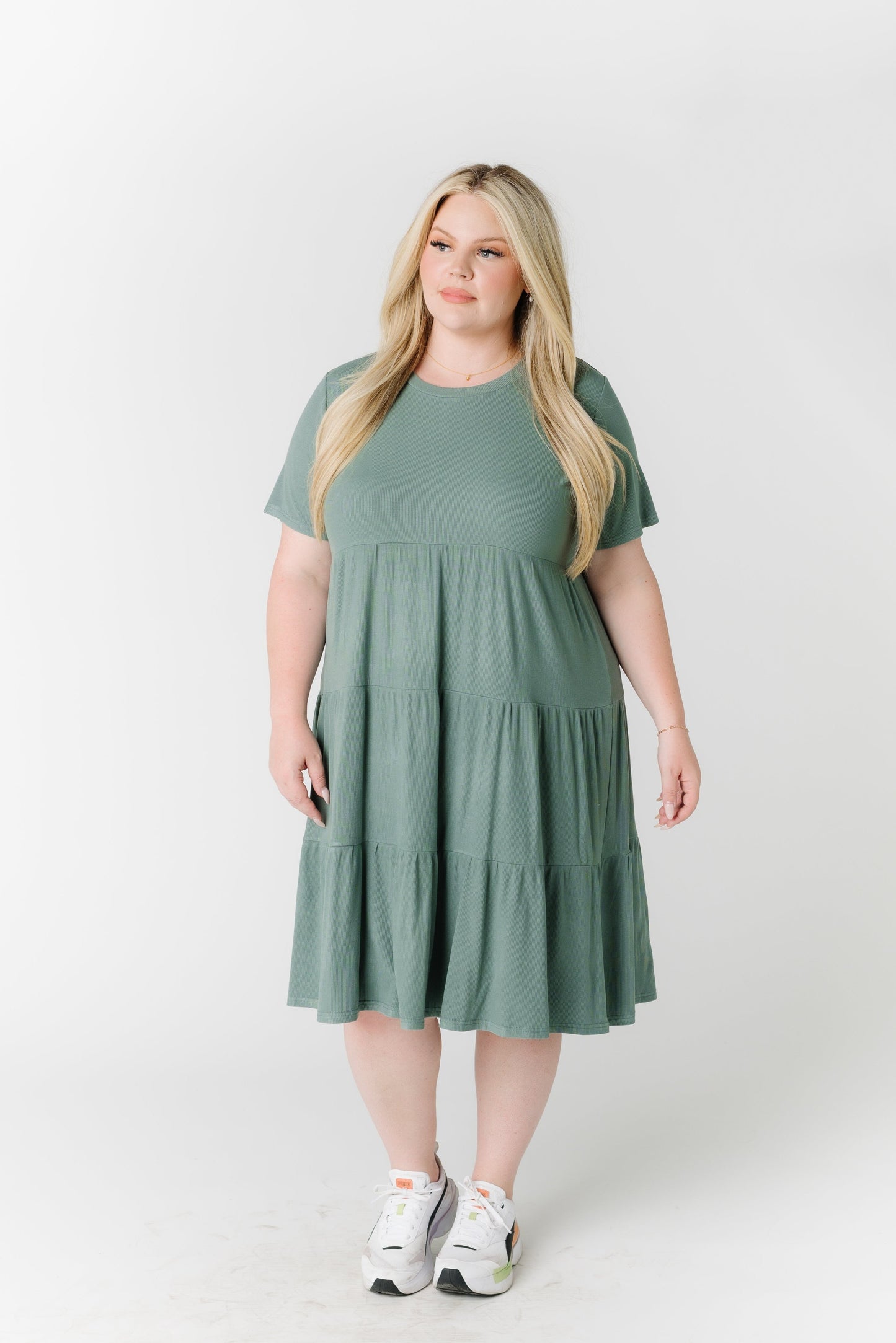 Brass & Roe Summer Ribbed Tiered Dress in modest plus size and seafoam green