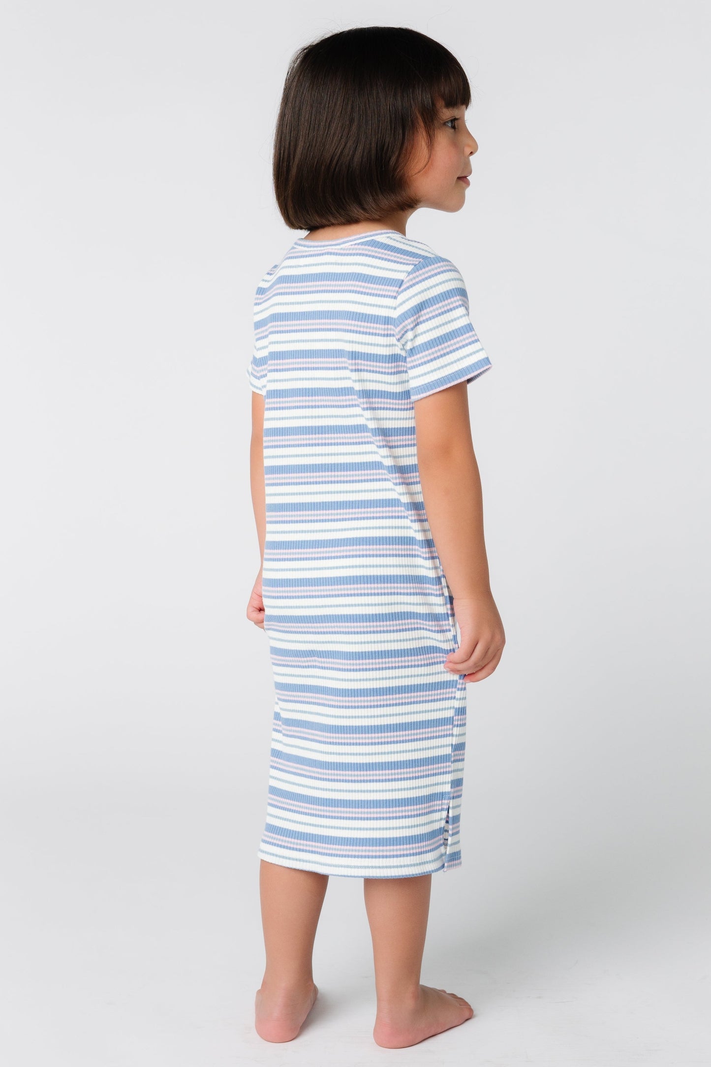 Back view of blue stripe girl's t-shirt dress