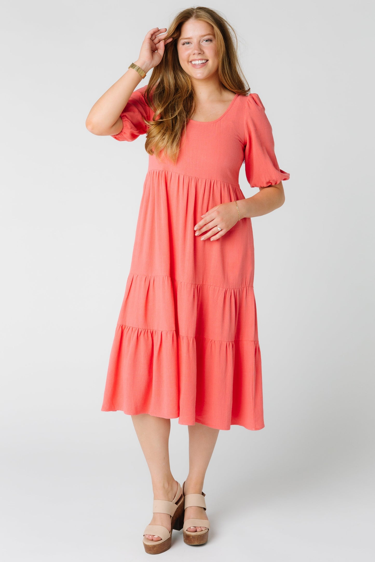 Modest Midi dress in coral with elbow length sleeves